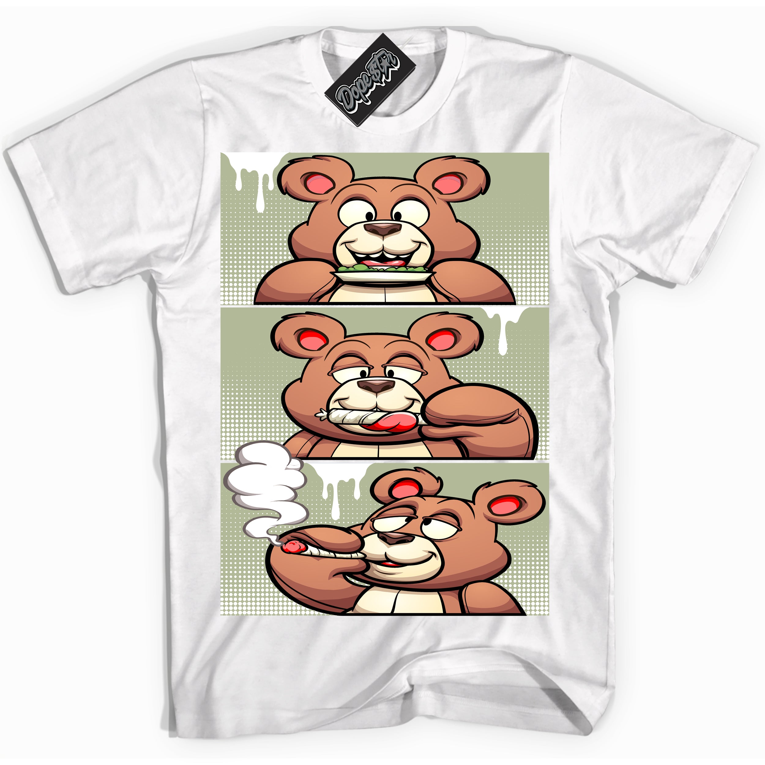Cool White Shirt with “ Roll It Lick It Smoke It Bear ” design that perfectly matches Next Nature Olive Aura Dunks.
