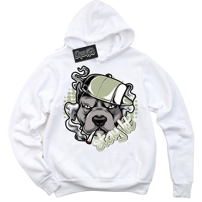 Cool White Hoodie with “ Stay Lit ”  design that Perfectly Matches Next Nature Olive Aura Dunks.
