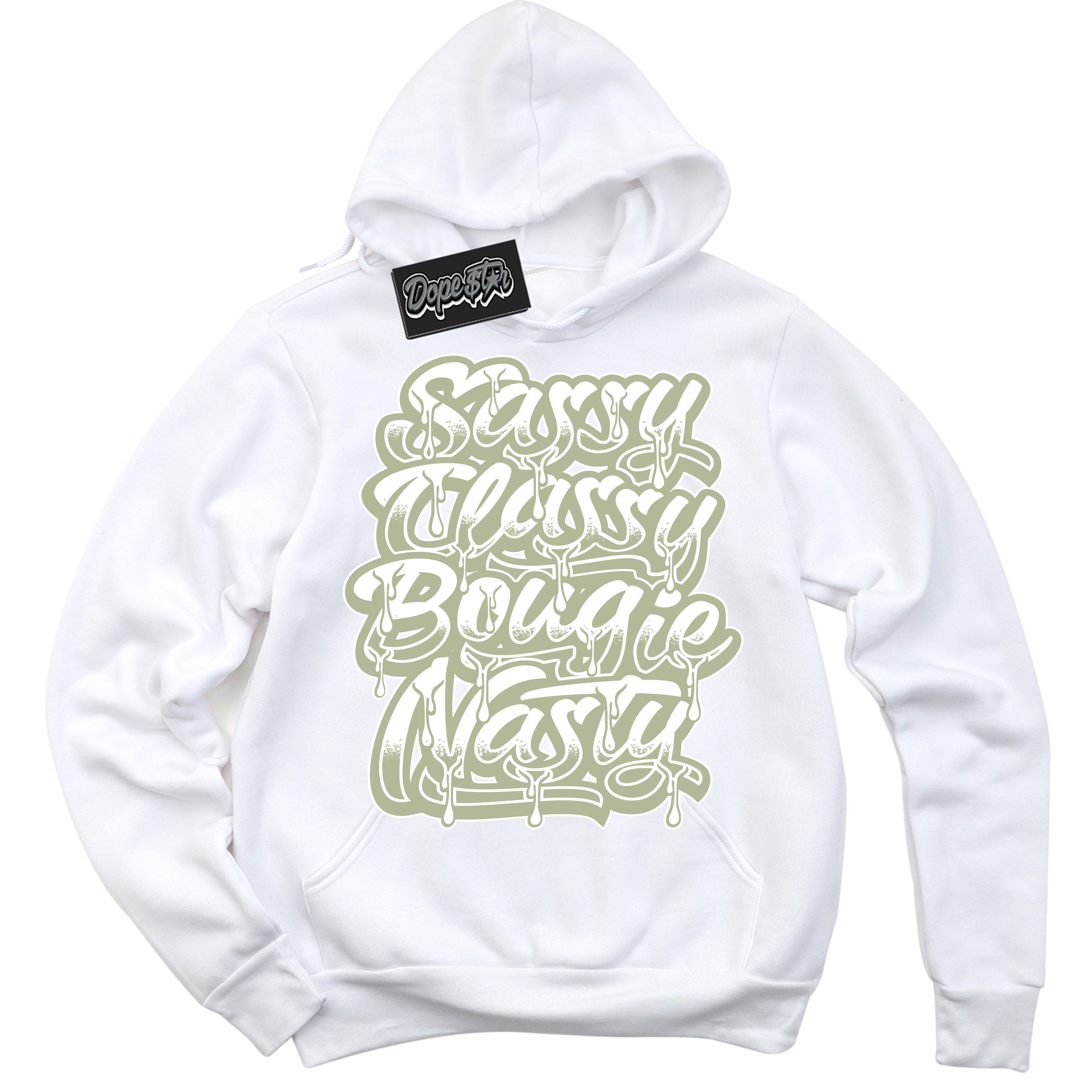 Cool White Hoodie with “ Sassy Classy ”  design that Perfectly Matches Next Nature Olive Aura Dunks.
