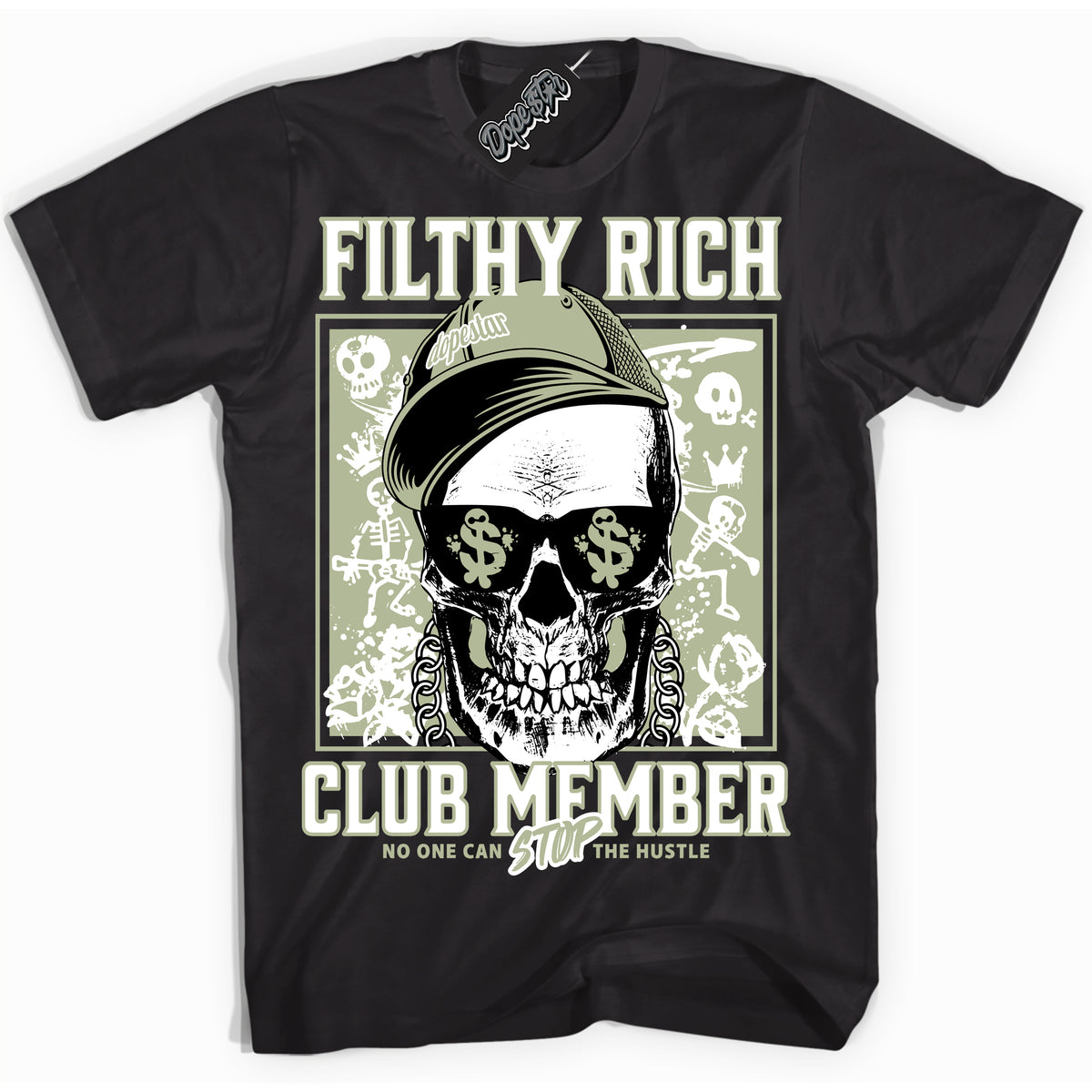 Cool Black Shirt with “ Filthy Rich” design that perfectly matches Next Nature Olive Aura Sneakers.