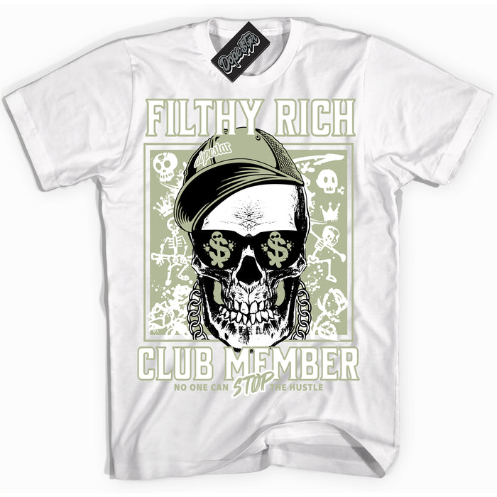Cool White Shirt with “ Filthy Rich” design that perfectly matches Next Nature Olive Aura Sneakers.