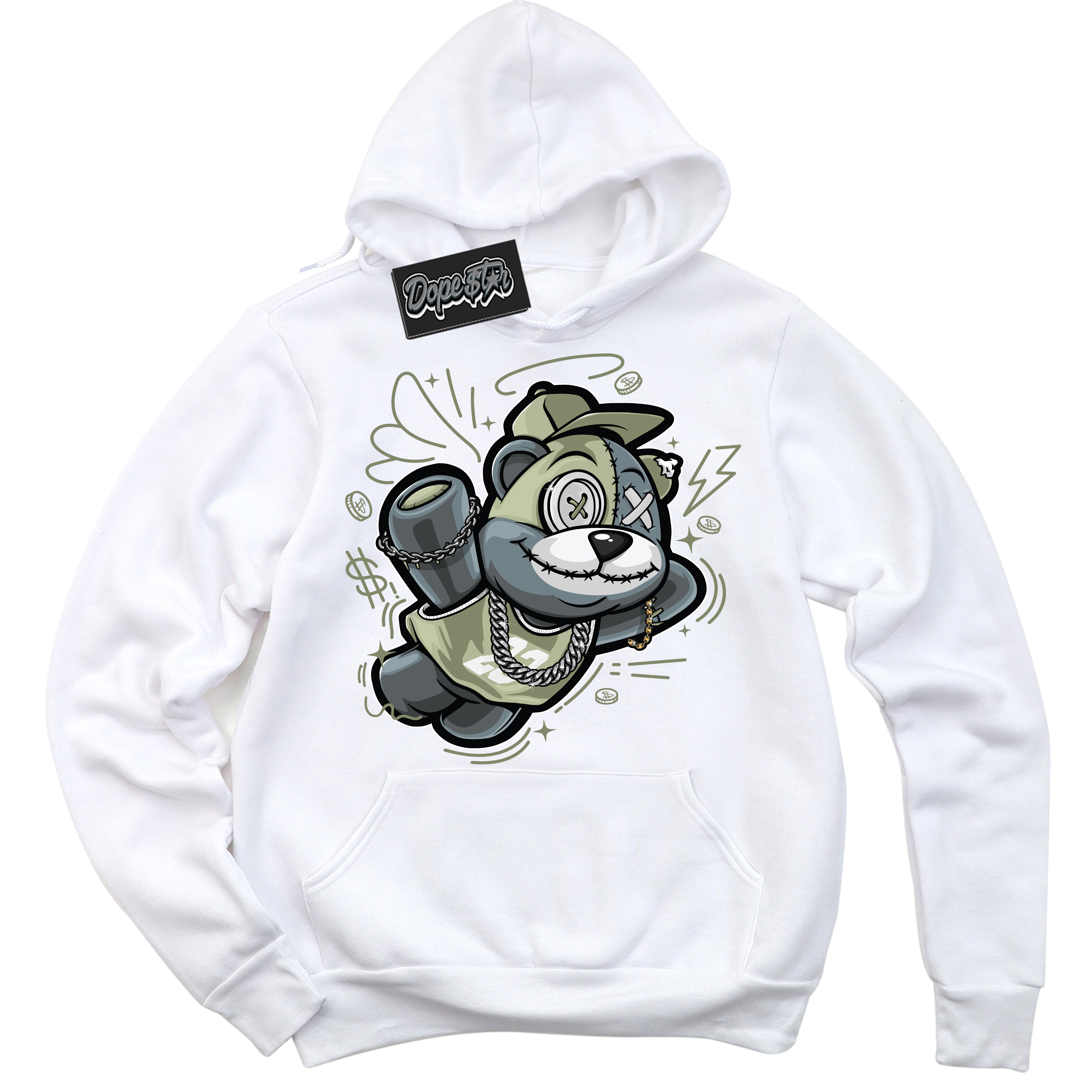 Cool White Hoodie with “ Slam Dunk Bear ”  design that Perfectly Matches Next Nature Olive Aura Dunks.
