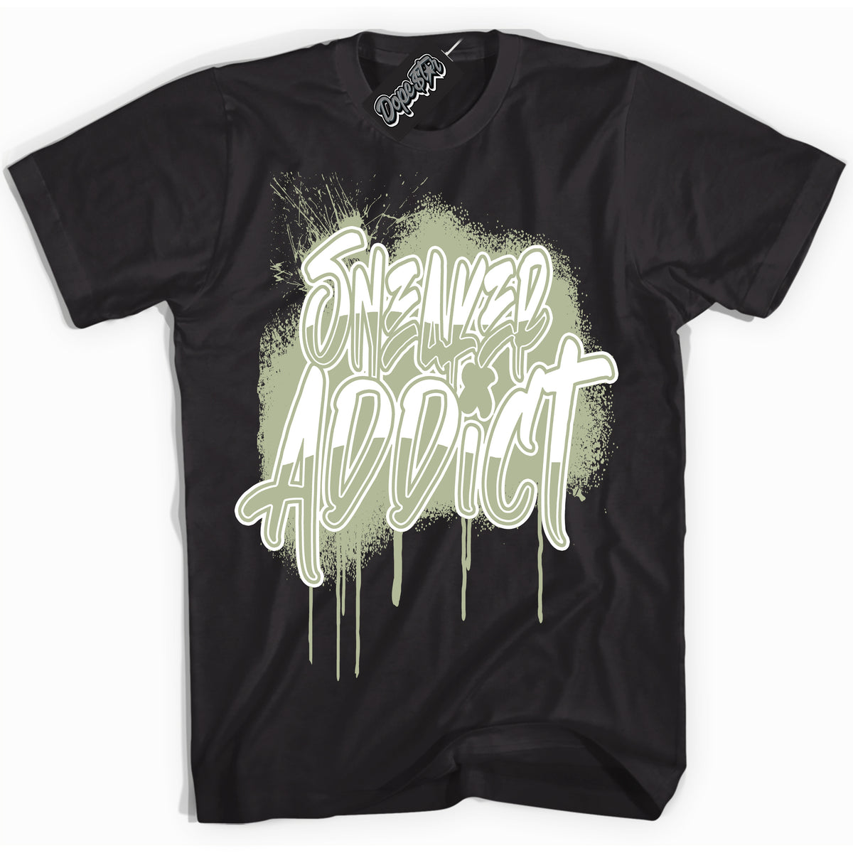Cool Black Shirt with “ Sneaker Addict ” design that perfectly matches Next Nature Olive Aura Dunks.
