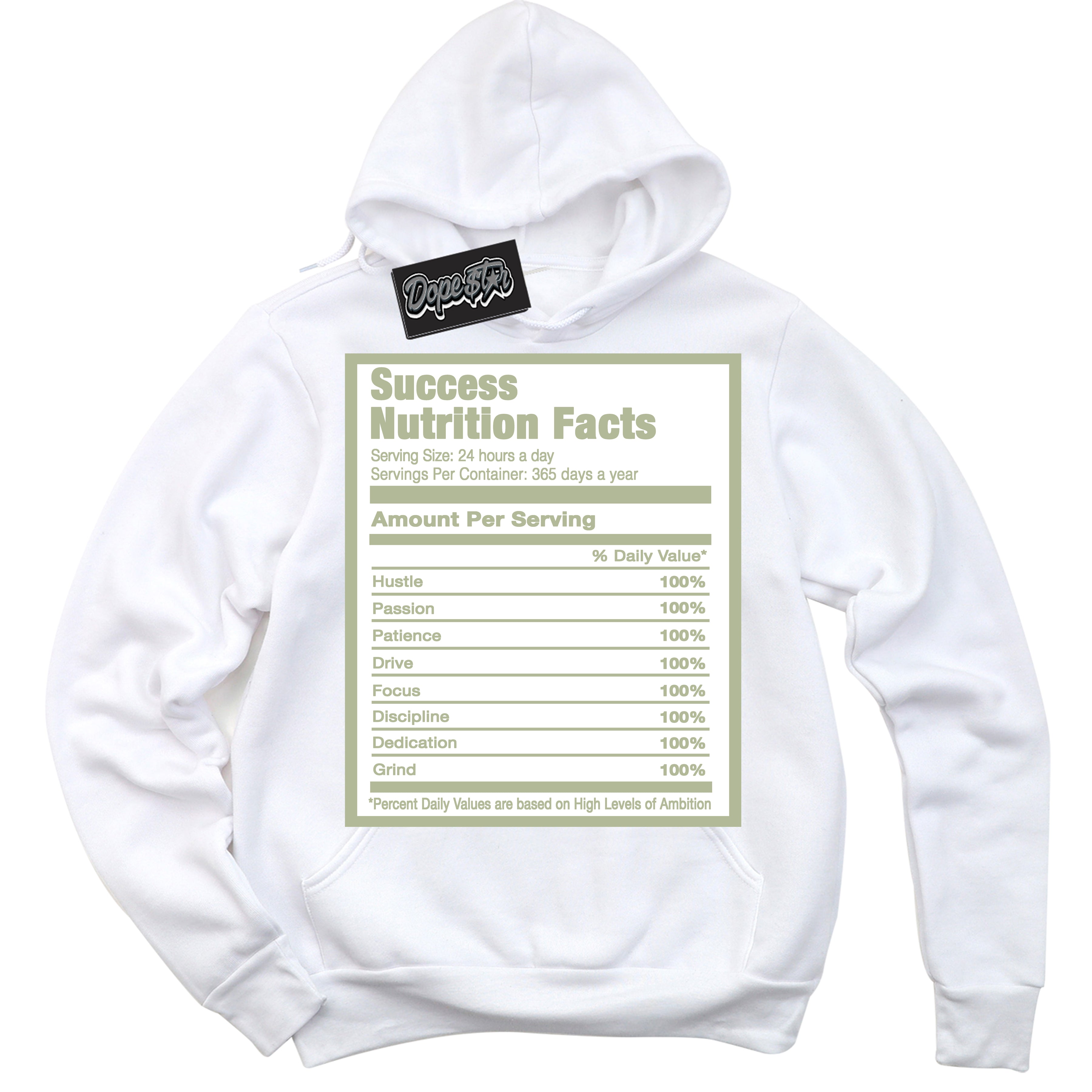 Cool White Hoodie with “ Success Nutrition ”  design that Perfectly Matches Next Nature Olive Aura Dunks.
