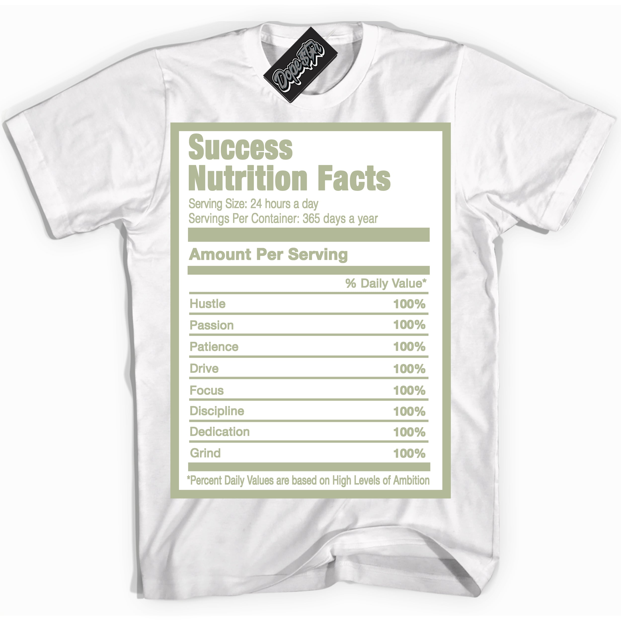 Cool White Shirt with “ Success Nutrition ” design that perfectly matches Next Nature Olive Aura Dunks.
