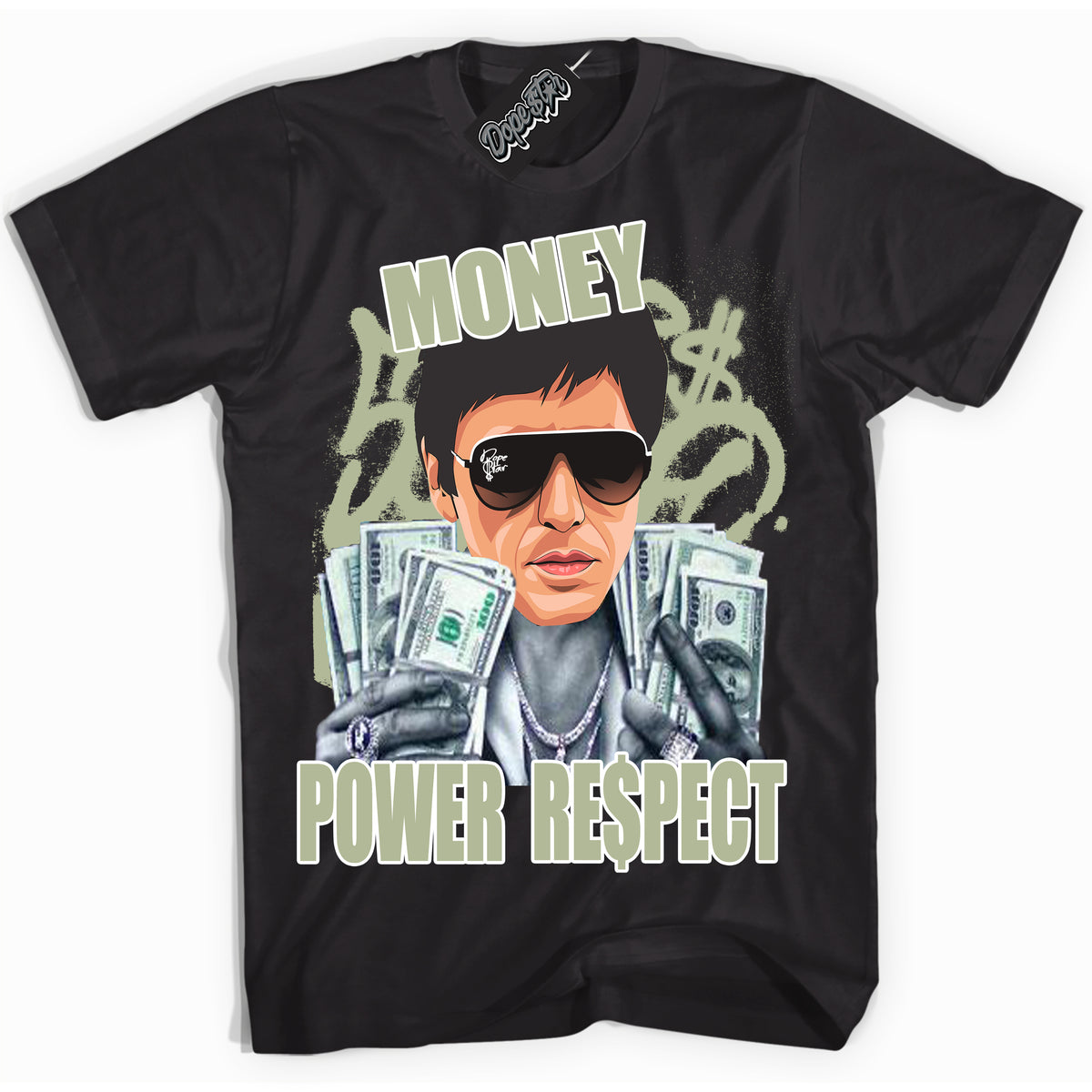 Cool Black Shirt with “ Tony Montana ” design that perfectly matches Next Nature Olive Aura Dunks.
