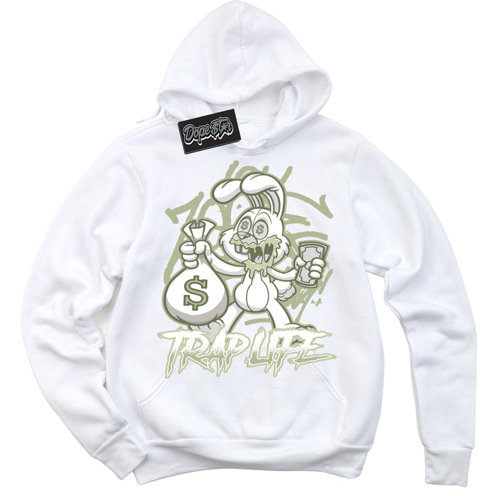 Cool White Hoodie with “ Trap Rabbit ”  design that Perfectly Matches Next Nature Olive Aura Dunks.
