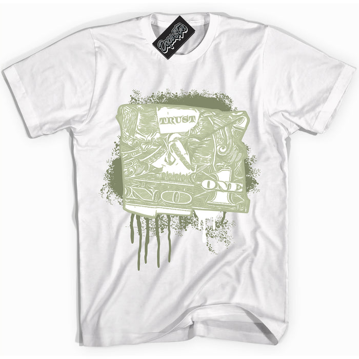 Cool White Shirt with “ Trust No One Dollar ” design that perfectly matches Next Nature Olive Aura Dunks.
