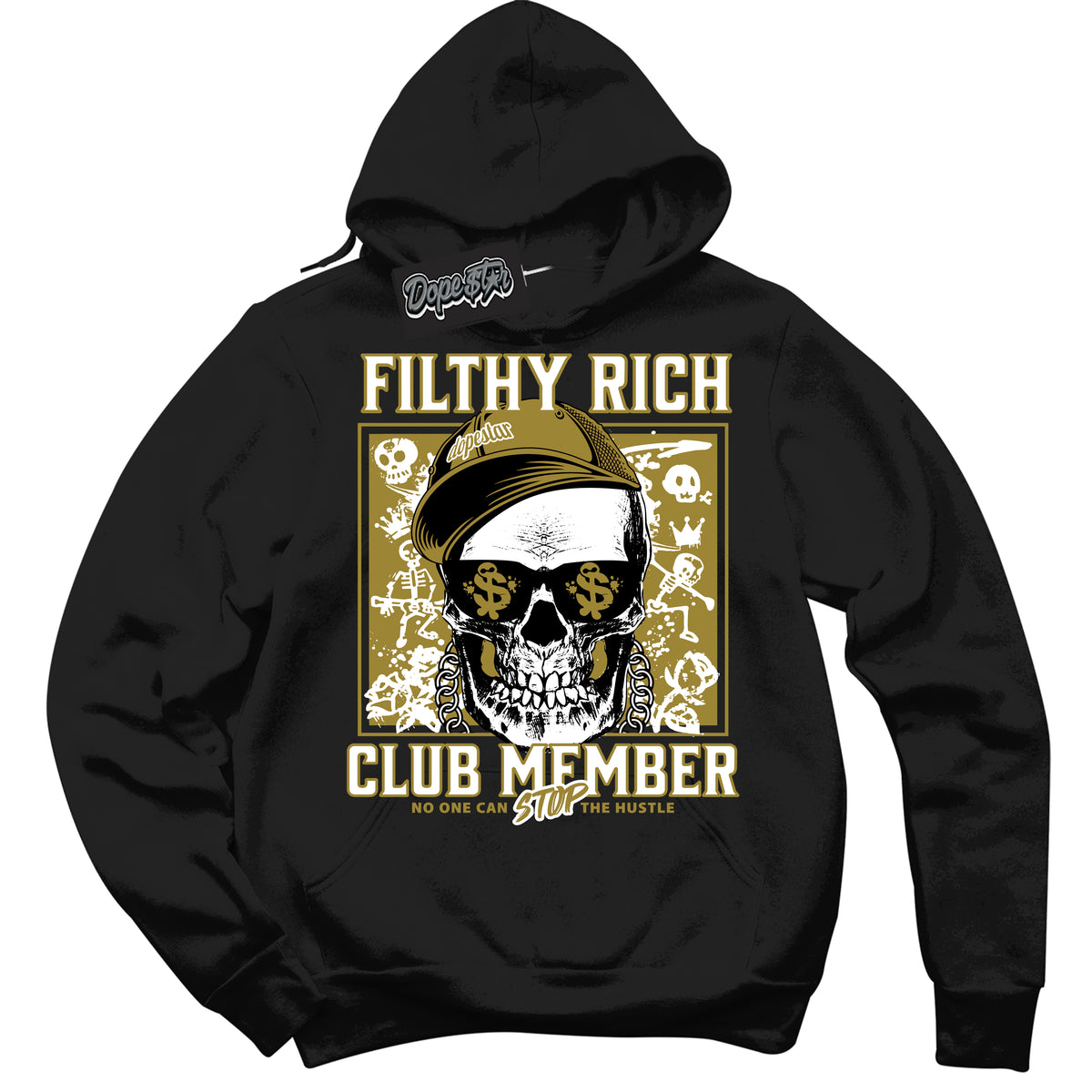 Cool Black Hoodie with “ Filthy Rich ”  design that Perfectly Matches Pacific Moss Dunk Sneakers.