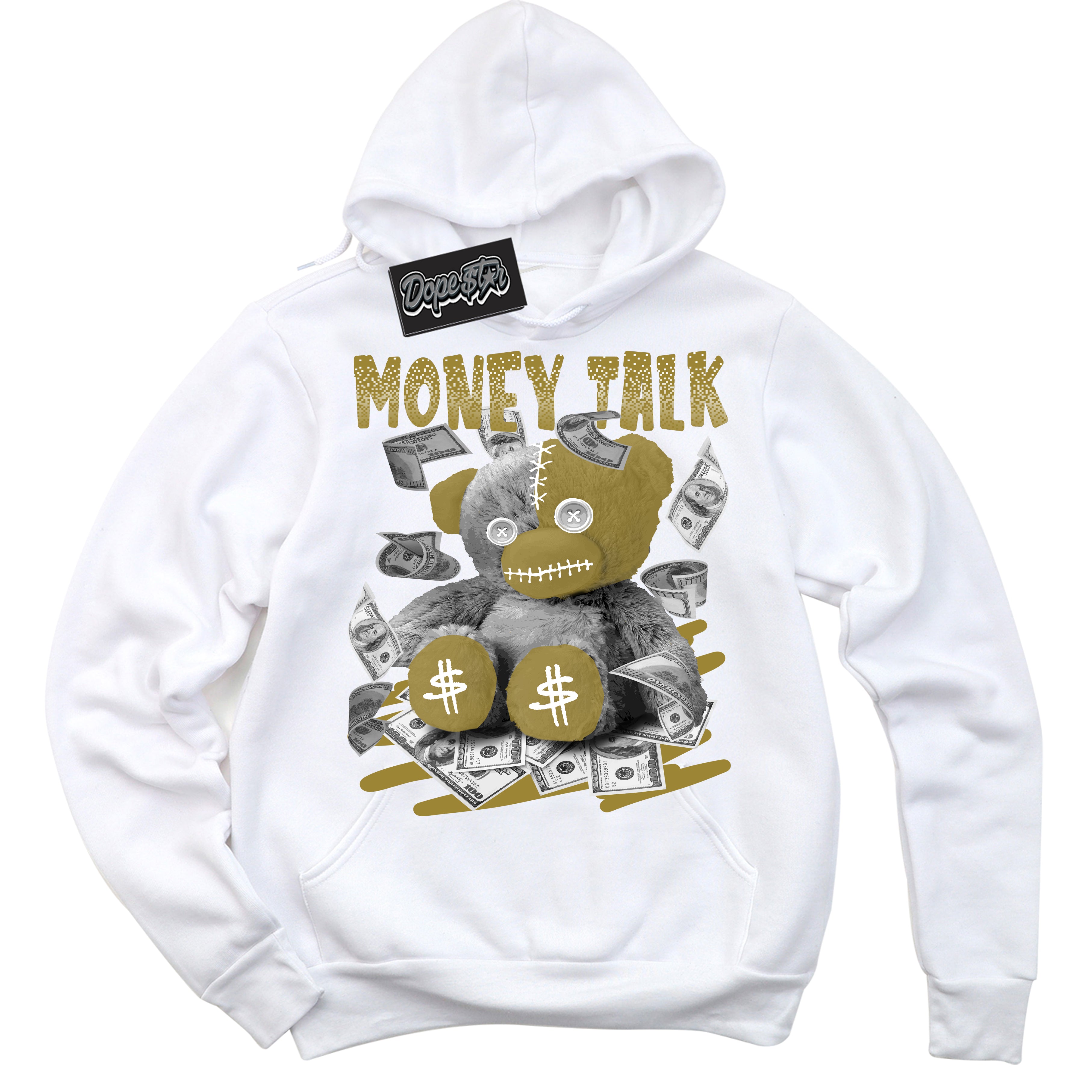 Cool White Hoodie with “ Money Talk Bear ”  design that Perfectly Matches Pacific Moss Dunks.
