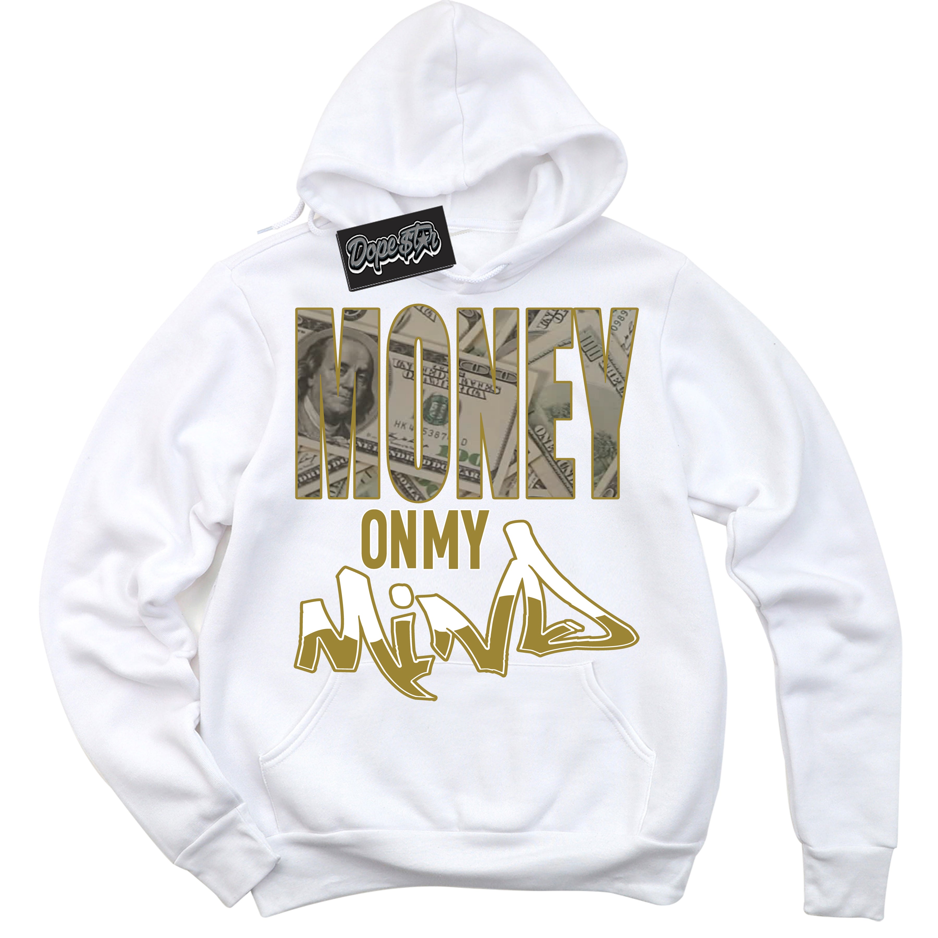 Cool White Hoodie with “ Money On My Mind ”  design that Perfectly Matches Pacific Moss Dunks.
