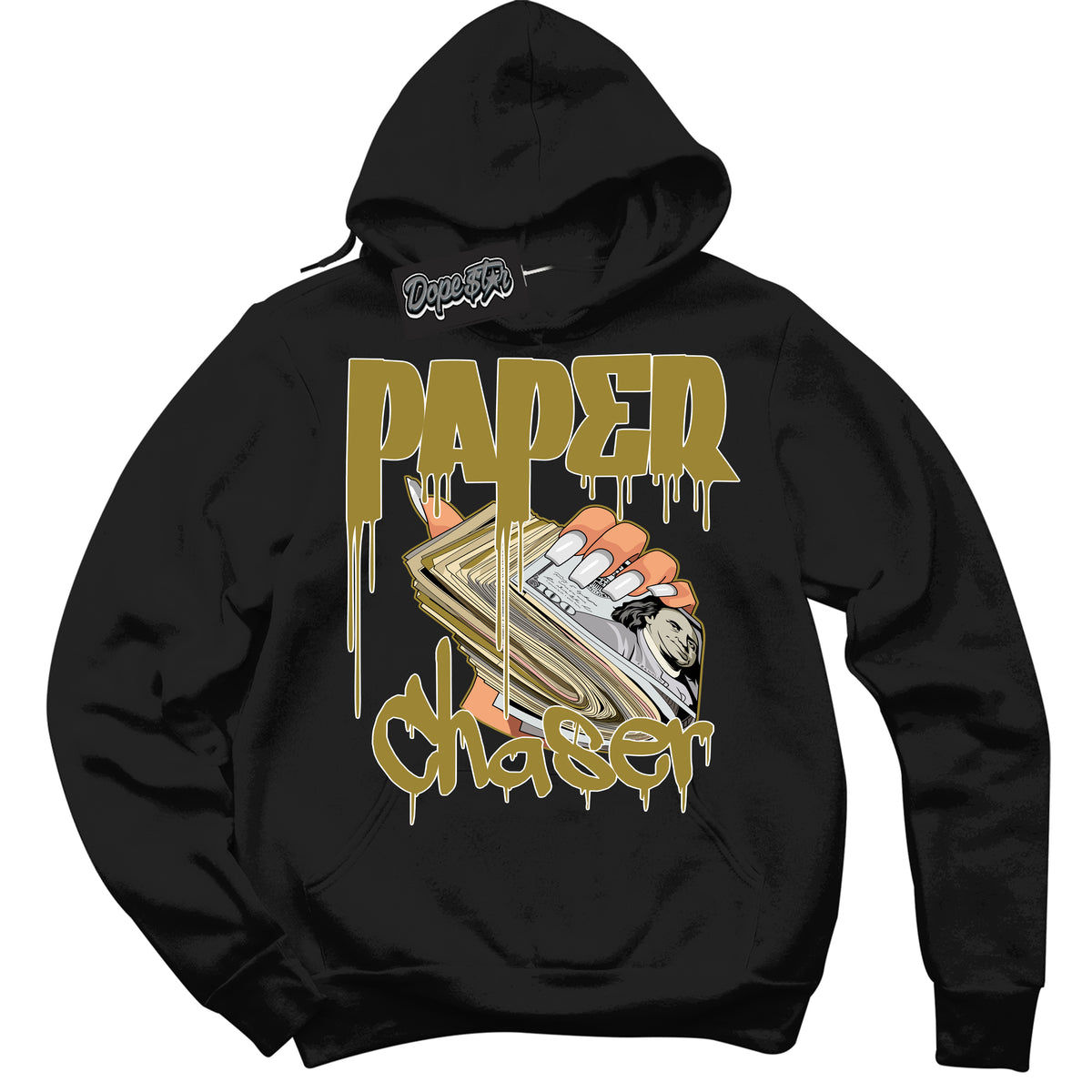 Cool Black Hoodie with “ Paper Chaser ”  design that Perfectly Matches Pacific Moss Dunks.
