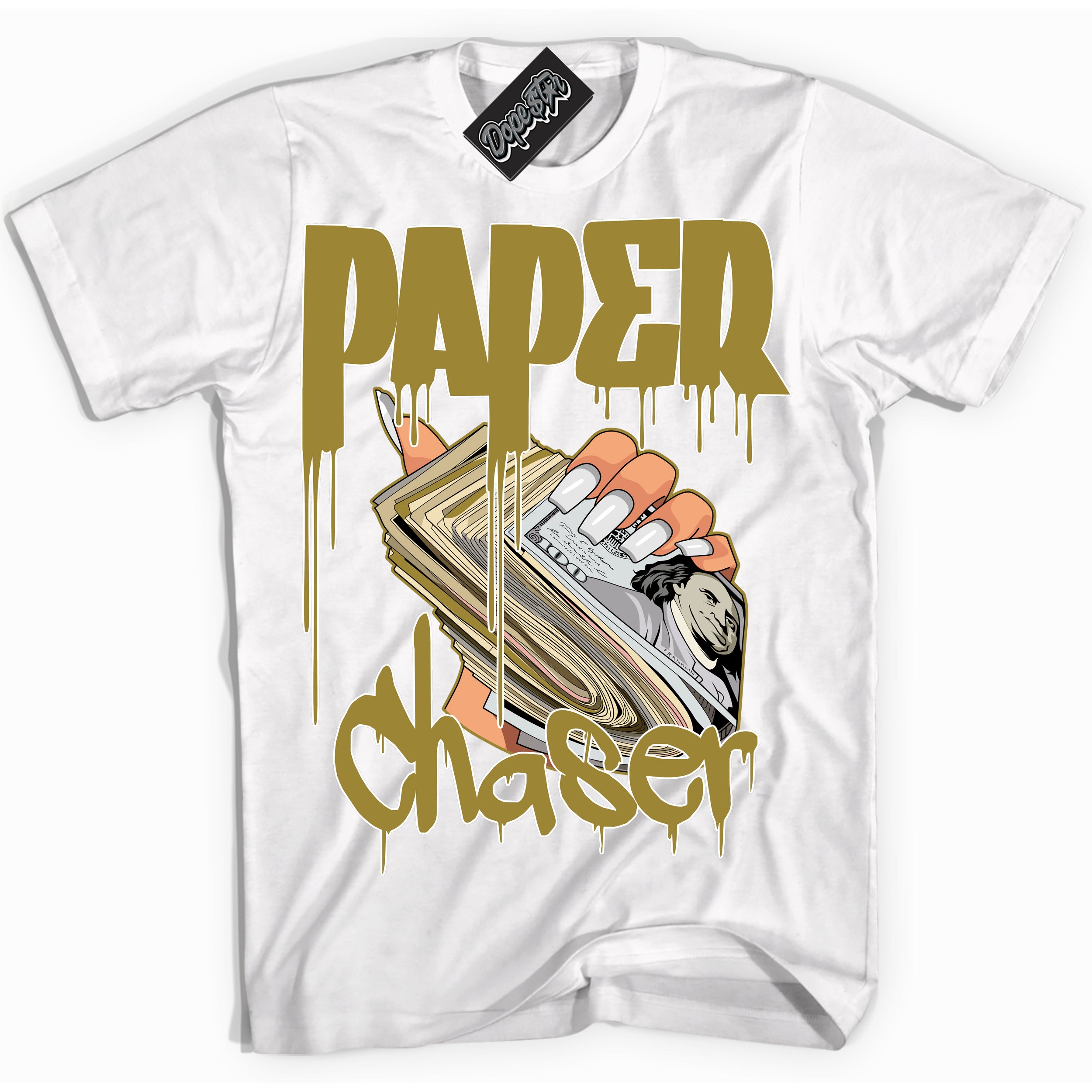 Cool White Shirt with “ Paper Chaser ” design that perfectly matches Pacific Moss Dunks.
