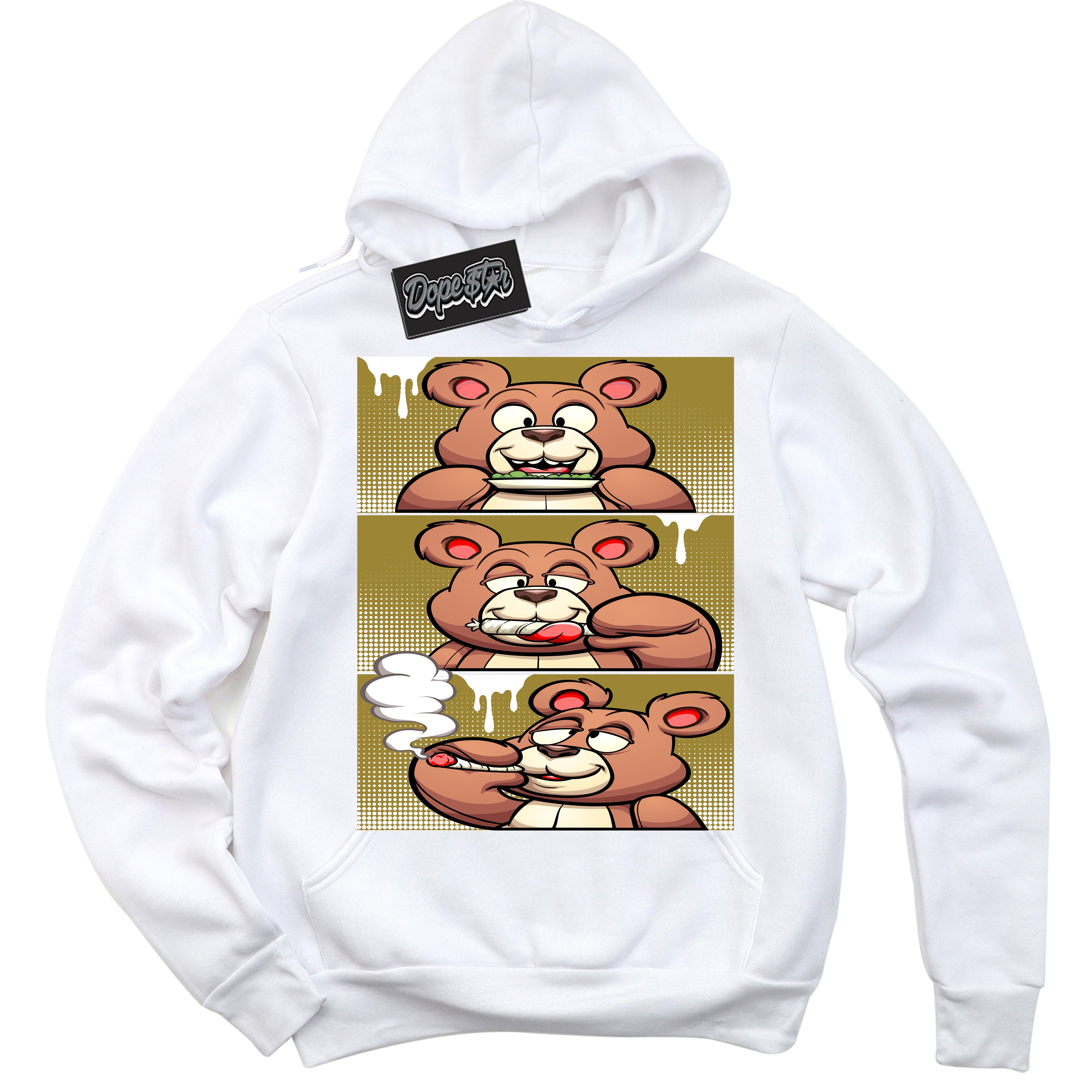 Cool White Hoodie with “ Roll It Lick It Smoke It Bear ”  design that Perfectly Matches Pacific Moss Dunks.
