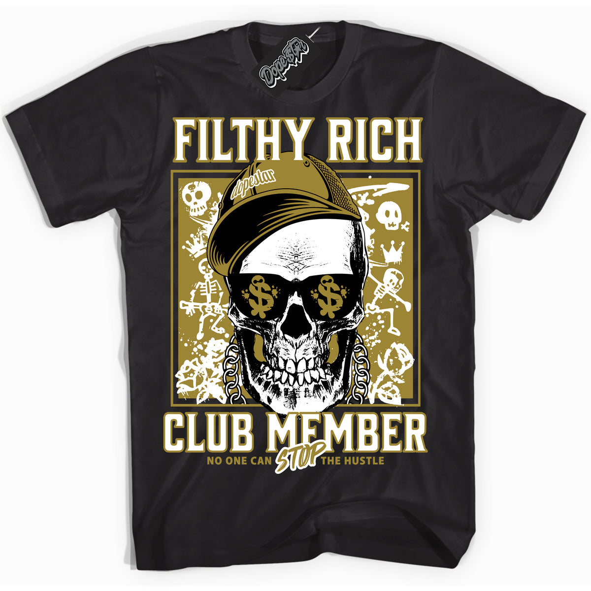 Cool Black Shirt with “ Filthy Rich” design that perfectly matches Pacific Moss Dunk Sneakers.