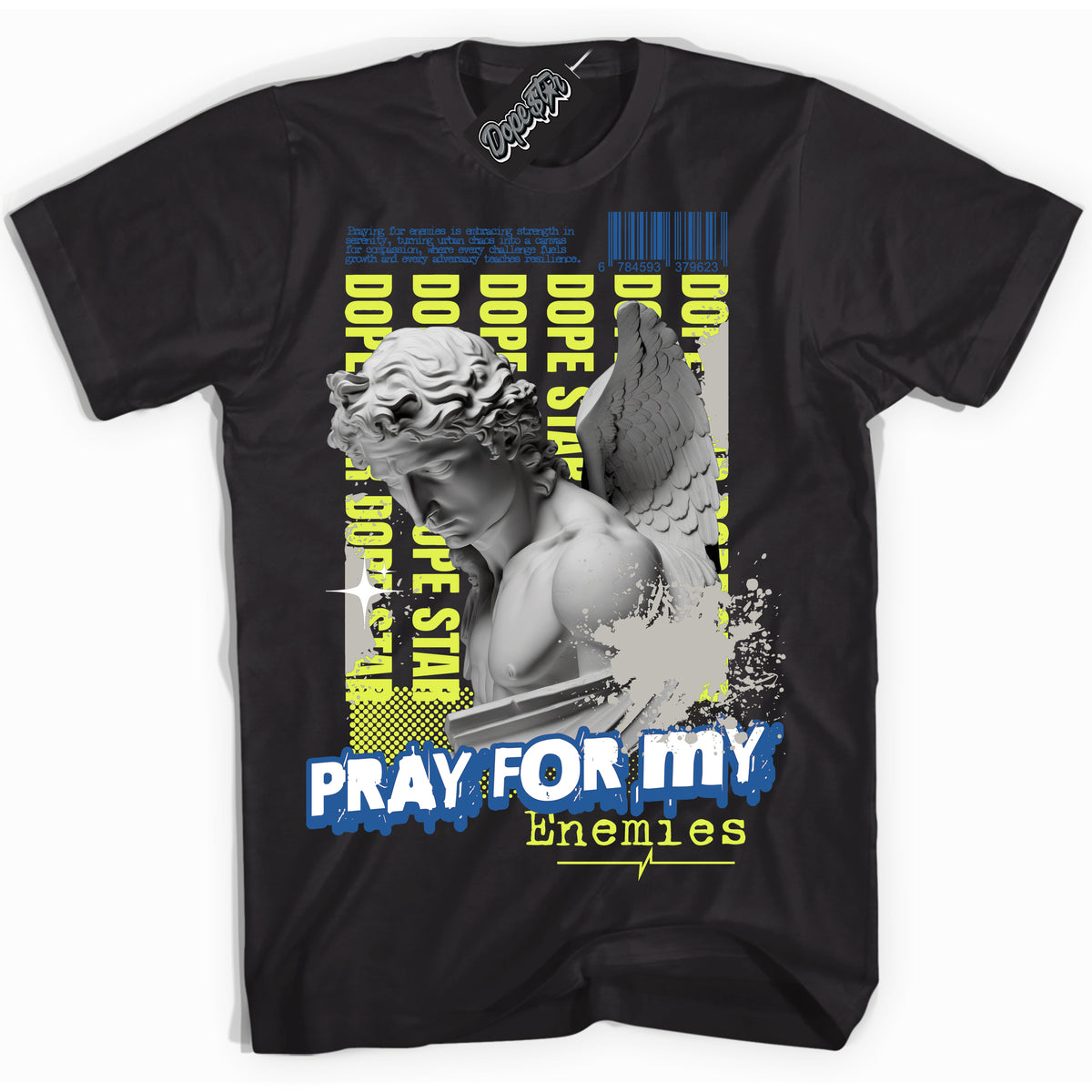 Cool Black Shirt with “ Pray Enemies” design that perfectly matches '86 Air Max Day 1s  Sneakers.