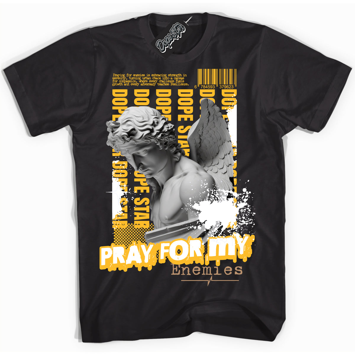 Cool Black Shirt with “ Pray Enemies” design that perfectly matches University Gold Sneakers.