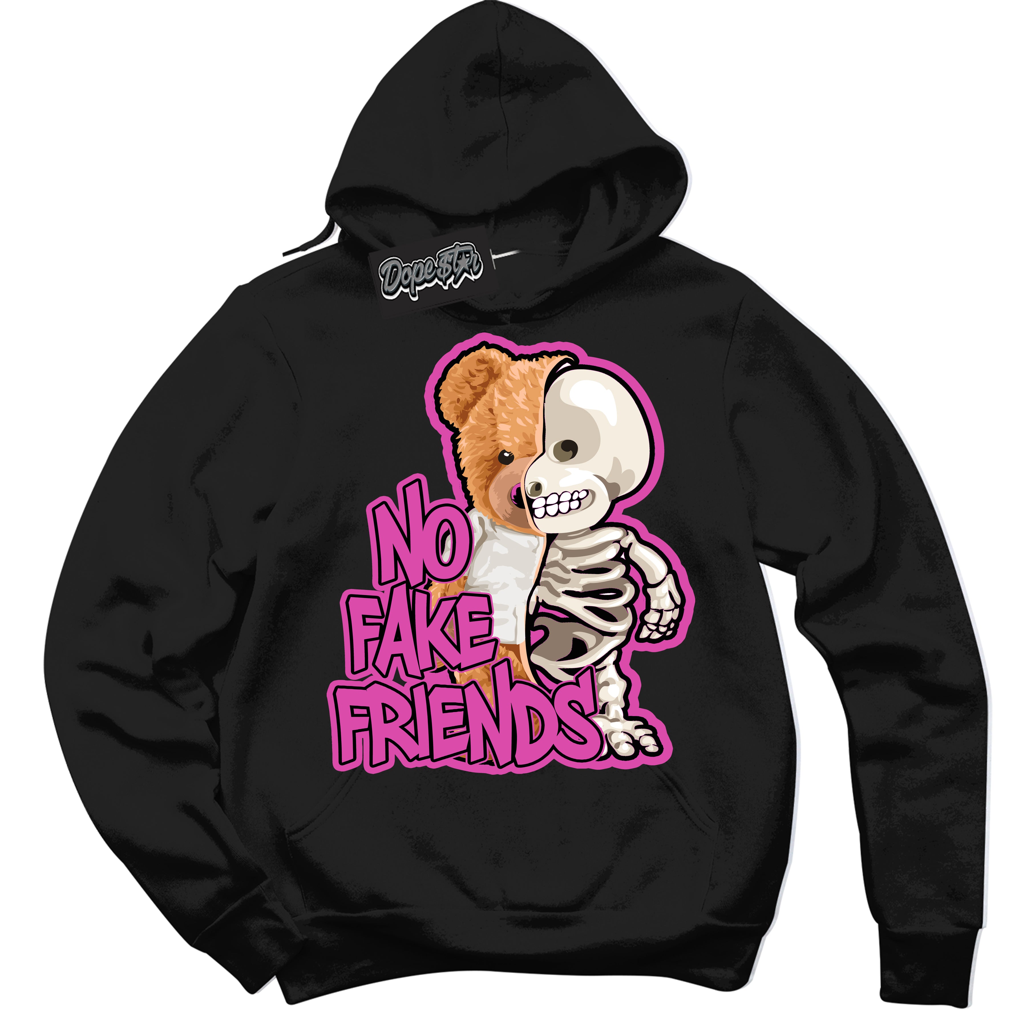Black Hoodie with playful pink and black "No Fake Friends" graphic, made to match Air Max 1 Valentine's Day sneakers | Sneaker Shirts Outlet
