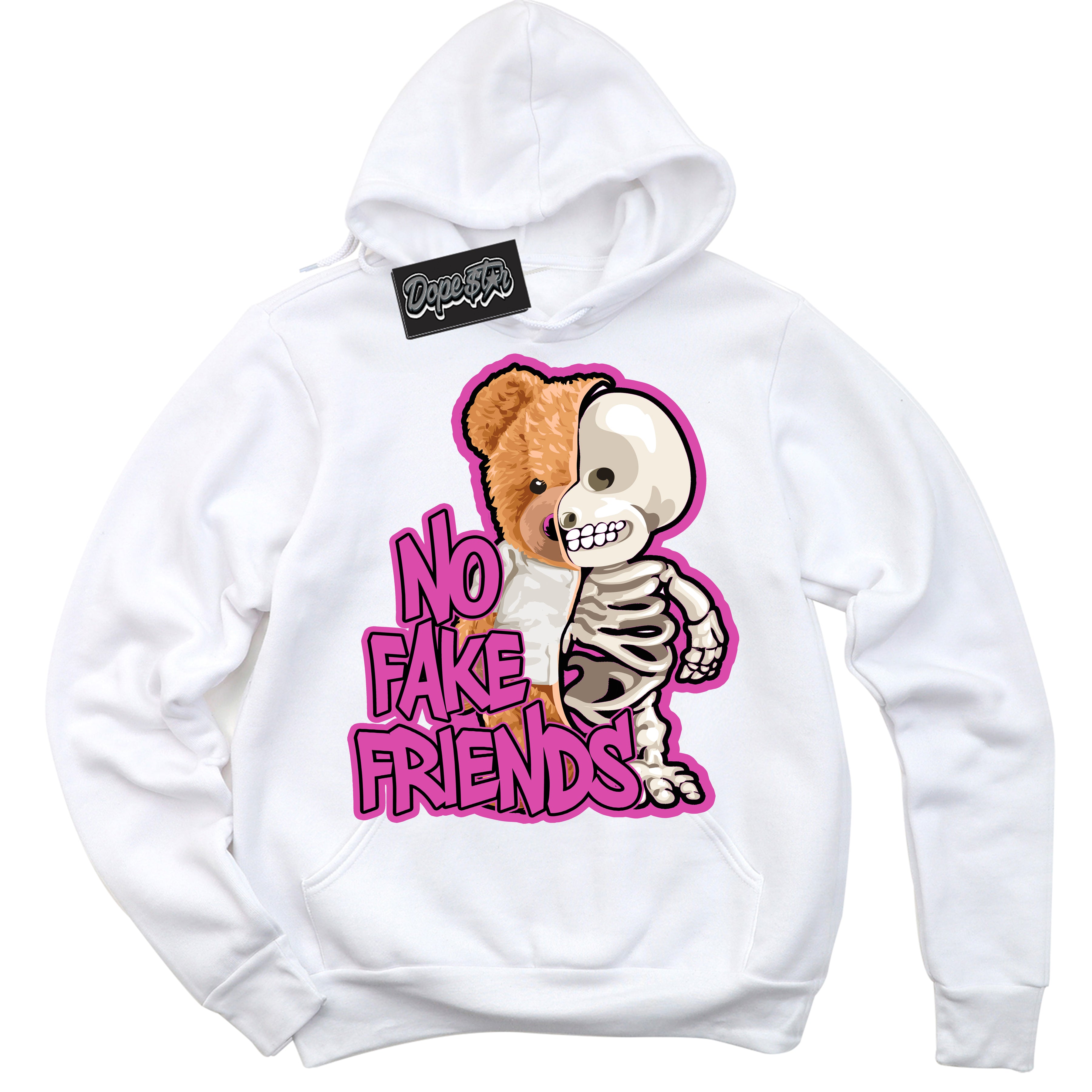 White Hoodie with playful pink and black "No Fake Friends" graphic, made to match Air Max 1 Valentine's Day sneakers | Sneaker Shirts Outlet
