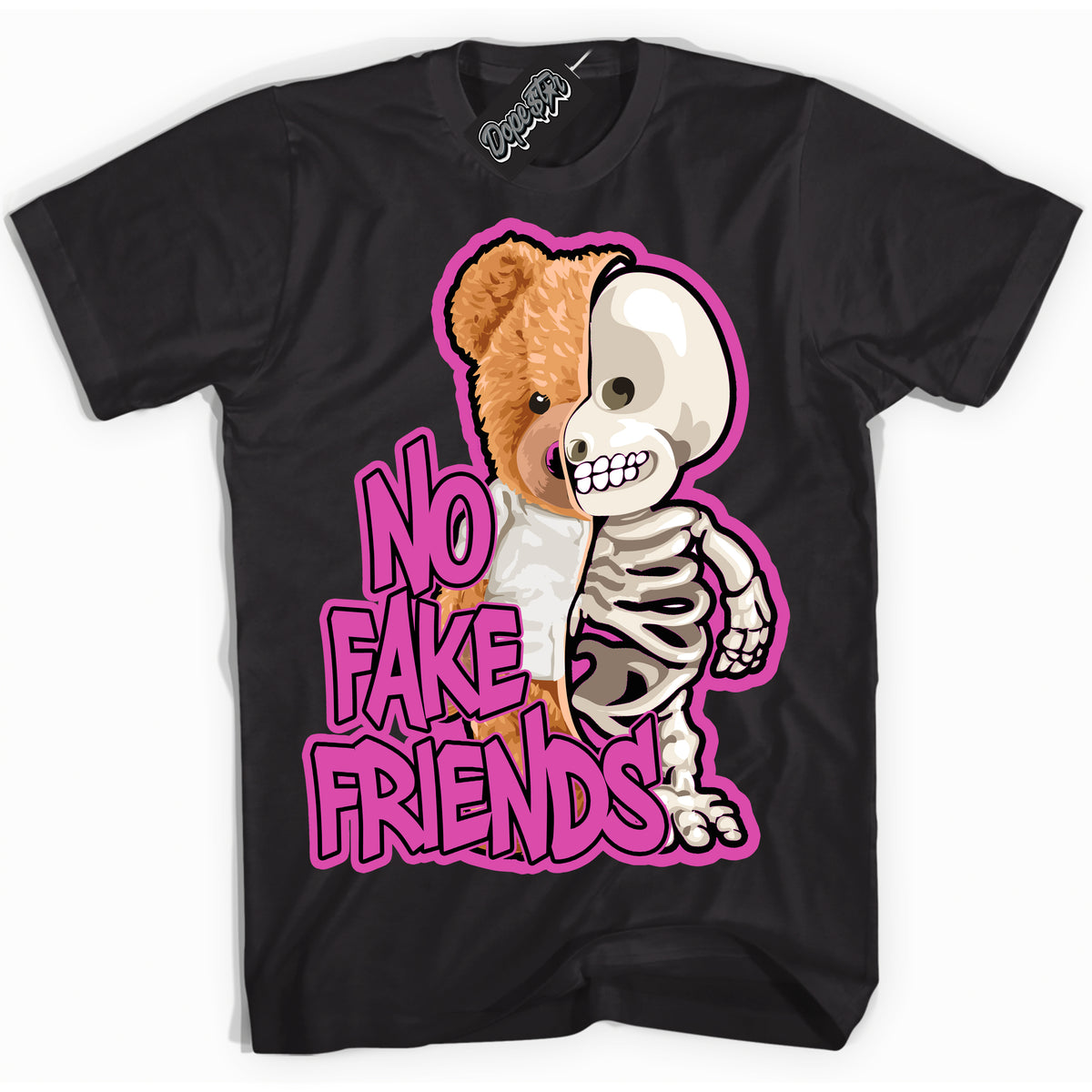 Black T-shirt with playful pink and black "No Fake Friends" graphic, made to match Air Max 1 Valentine's Day sneakers | Sneaker Shirts Outlet
