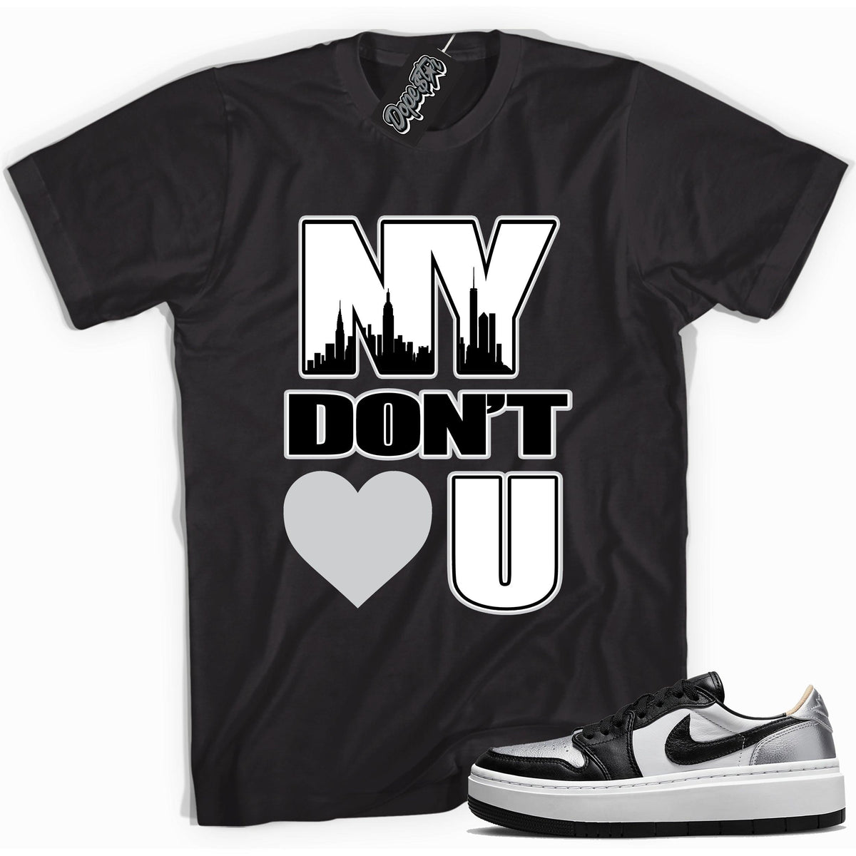 Cool black graphic tee with 'NY Don't Love You New York' print, that perfectly matches Air Jordan 1 Elevate Low SE Silver Toe sneakers.