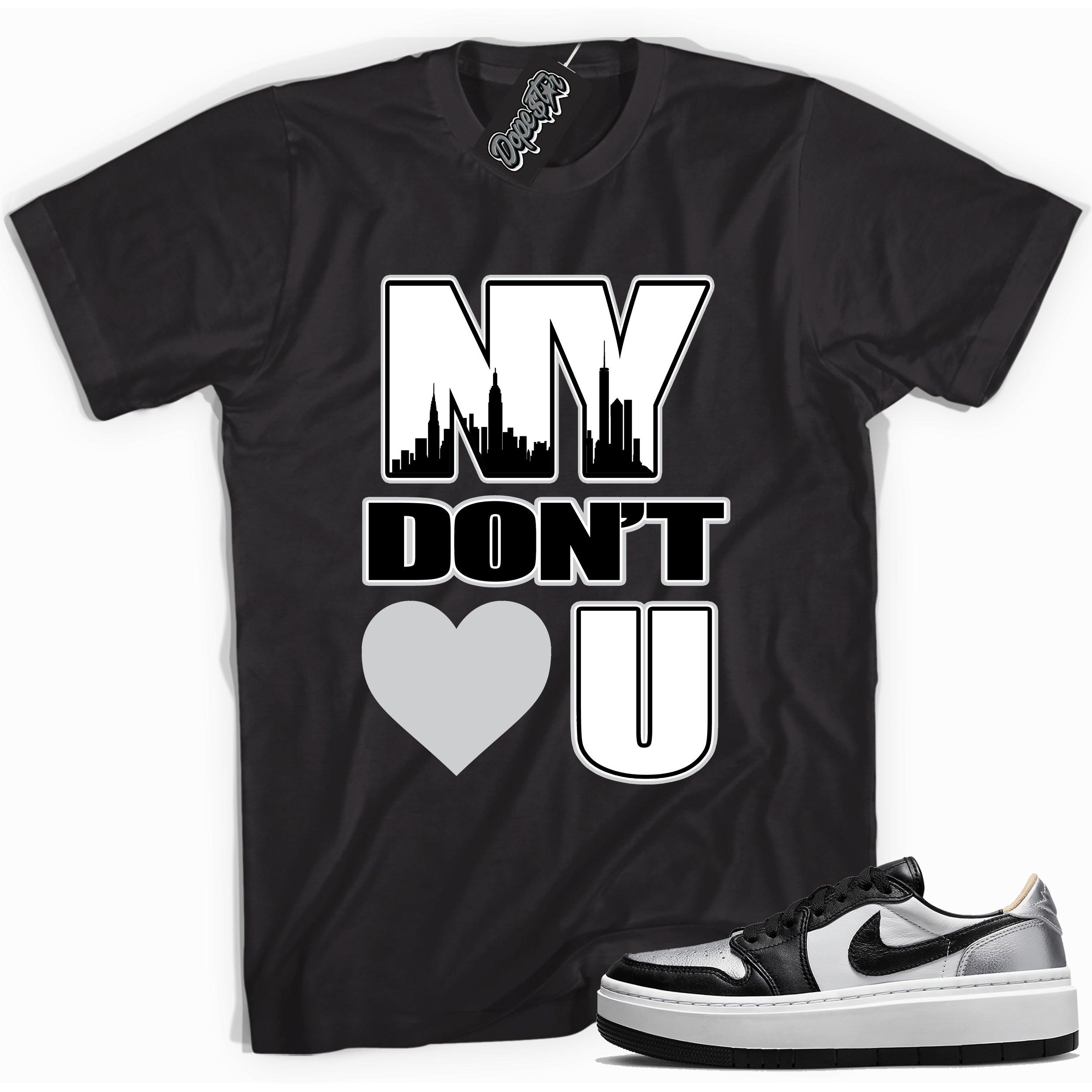 Cool black graphic tee with 'NY Don't Love You New York' print, that perfectly matches Air Jordan 1 Elevate Low SE Silver Toe sneakers.