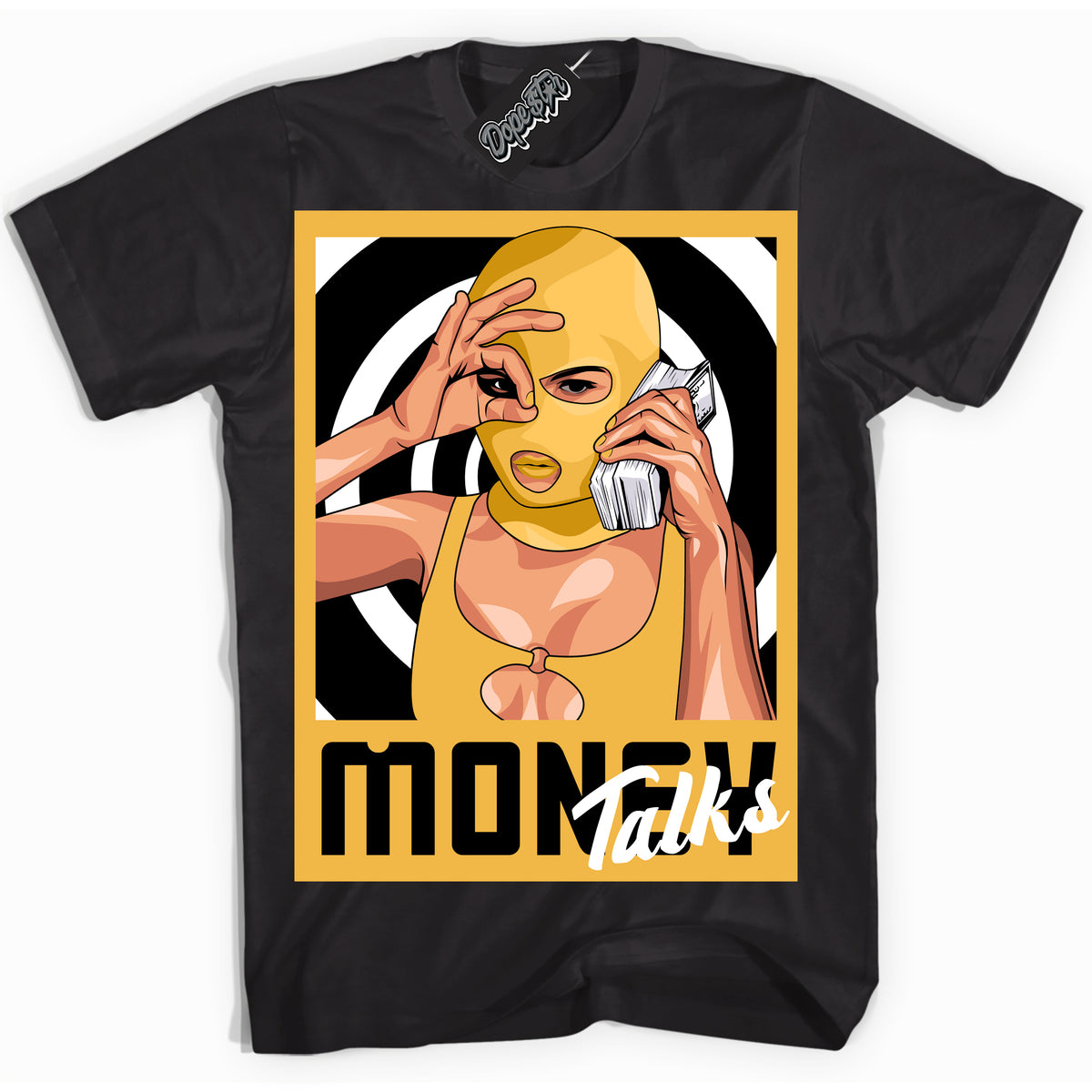 Nike Dunk High Wu-Tang 'Money Talks' Shirt - Black Streetwear Mockup | Sneakerhead T-Shirt Matching Nike Dunk High Wu-Tang | Limited Edition Urban Streetwear for Sneaker Matching OOTD | Outfits that pair perfectly with your ND High Wu-Tang | Sneakerhead Fashion Must-Have Apparel for Men and Women