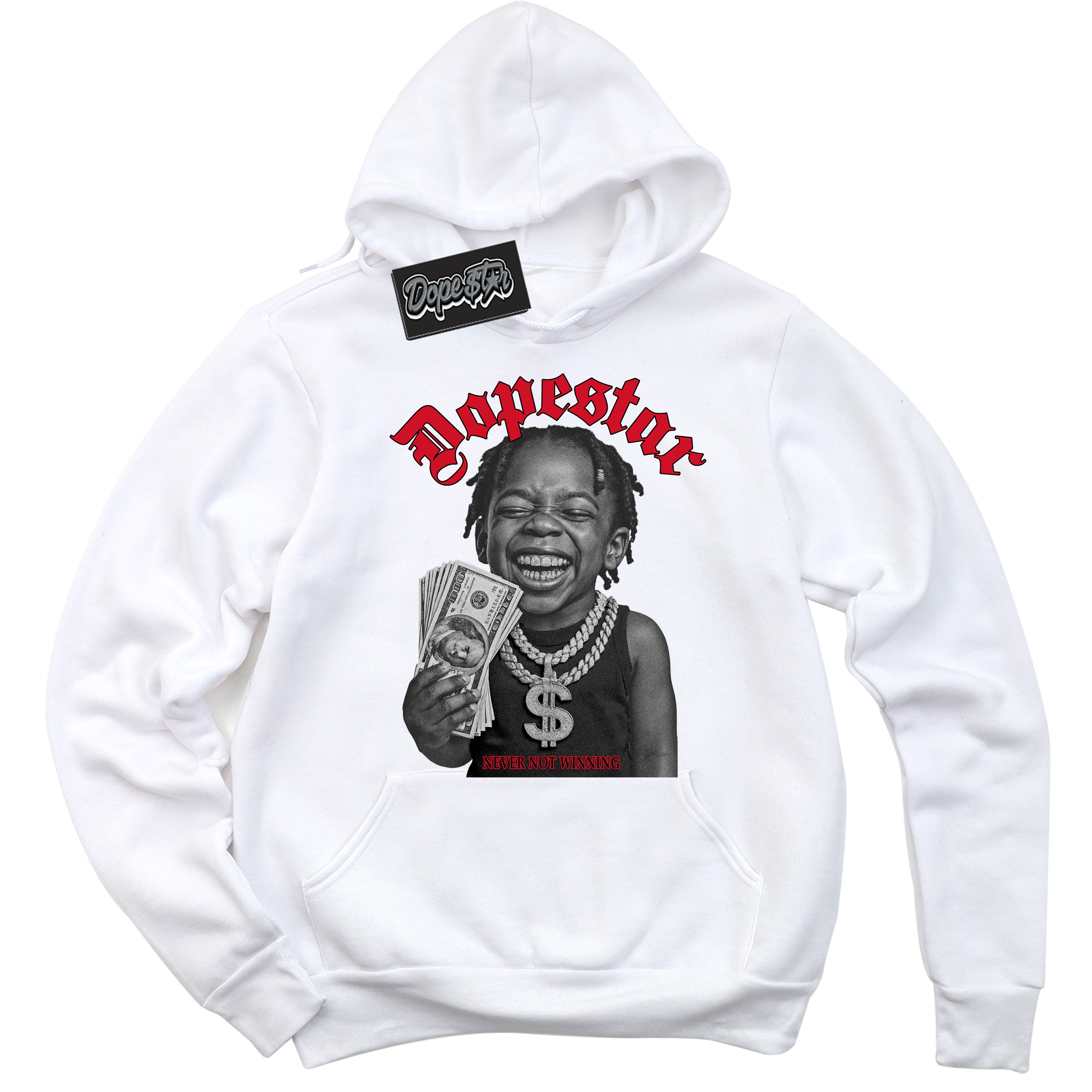 White “Never Not Winning” Hoodie by Dope Star Brand®, styled to match Bred 1s sneakers