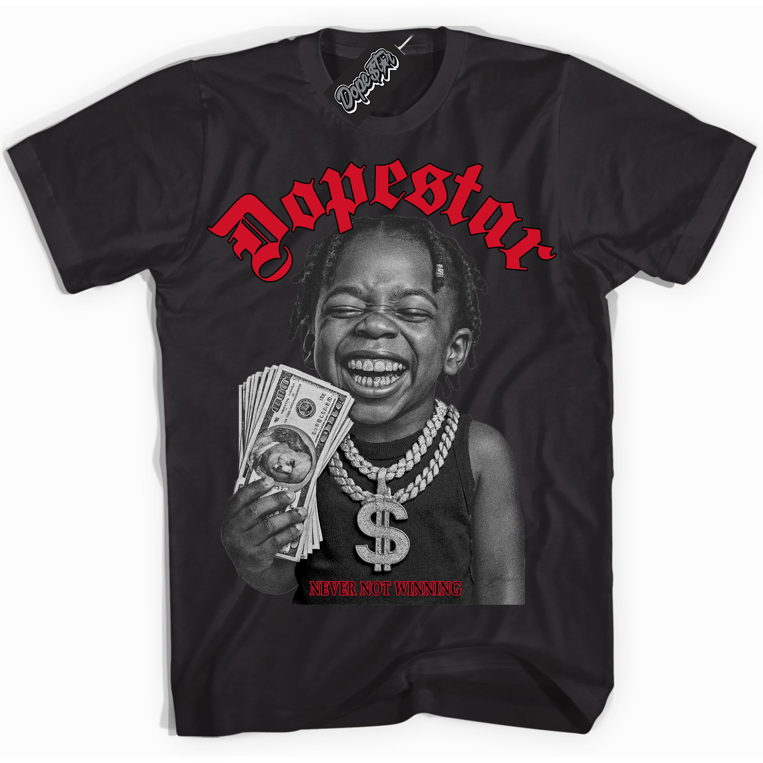 Black “Never Not Winning” T-shirt by Dope Star Brand®, styled to match Bred 1s sneakers
