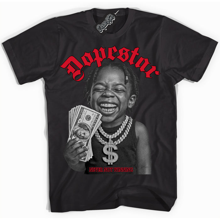 Black “Never Not Winning” T-shirt by Dope Star Brand®, styled to match Bred 1s sneakers
