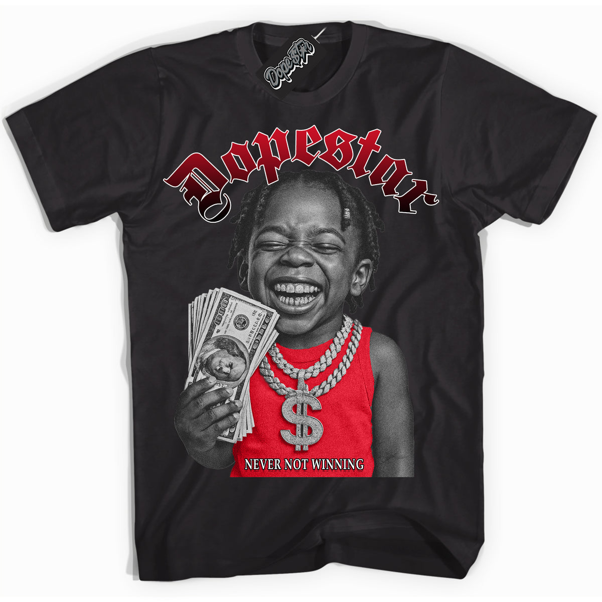 Black “Never Not Winning” T-shirt by Dope Star Brand®, styled to match Chicago 1s sneakers
