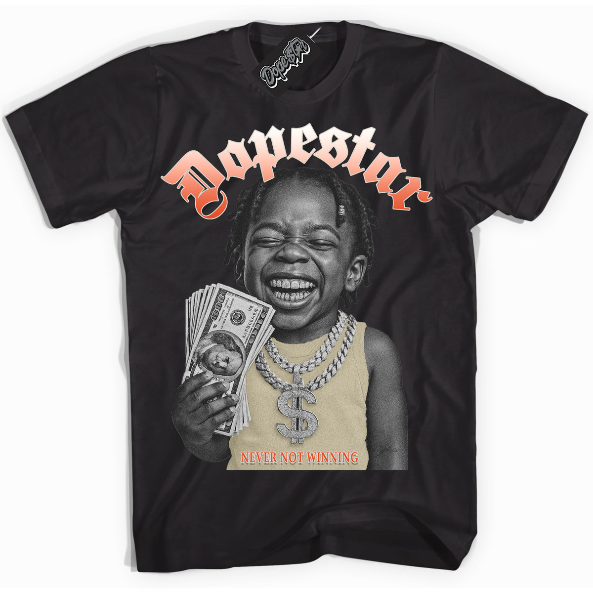 Black “Never Not Winning” T-shirt by Dope Star Brand®, styled to match Cinnabar 1s sneakers