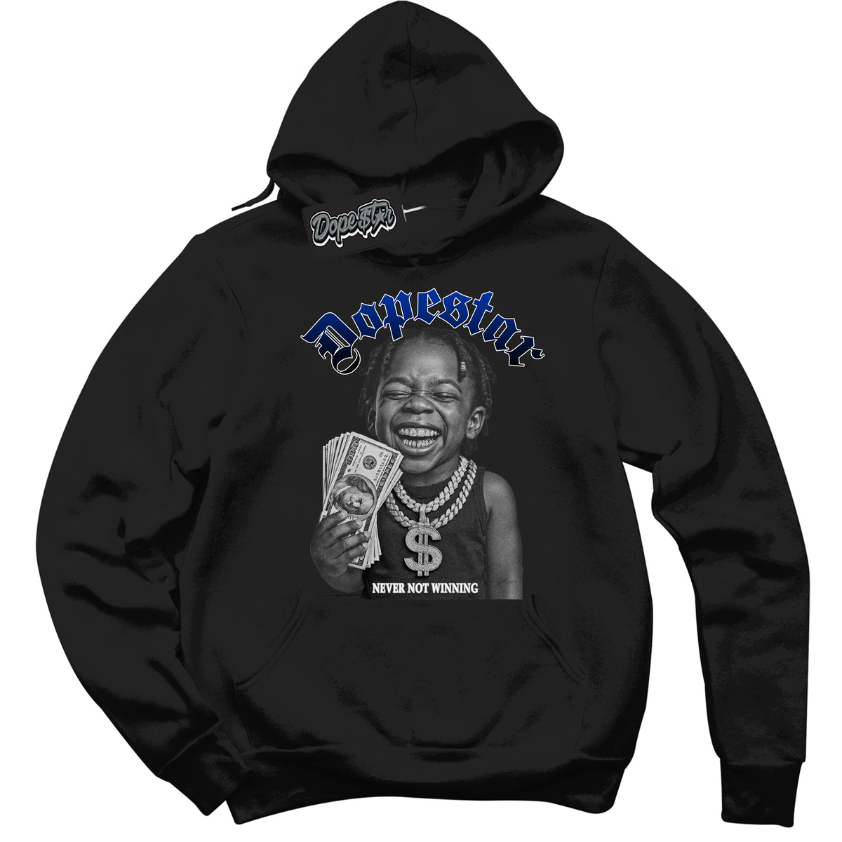 Black “Never Not Winning” Hoodie by Dope Star Brand®, styled to match Deep Royal Blue 1s sneakers