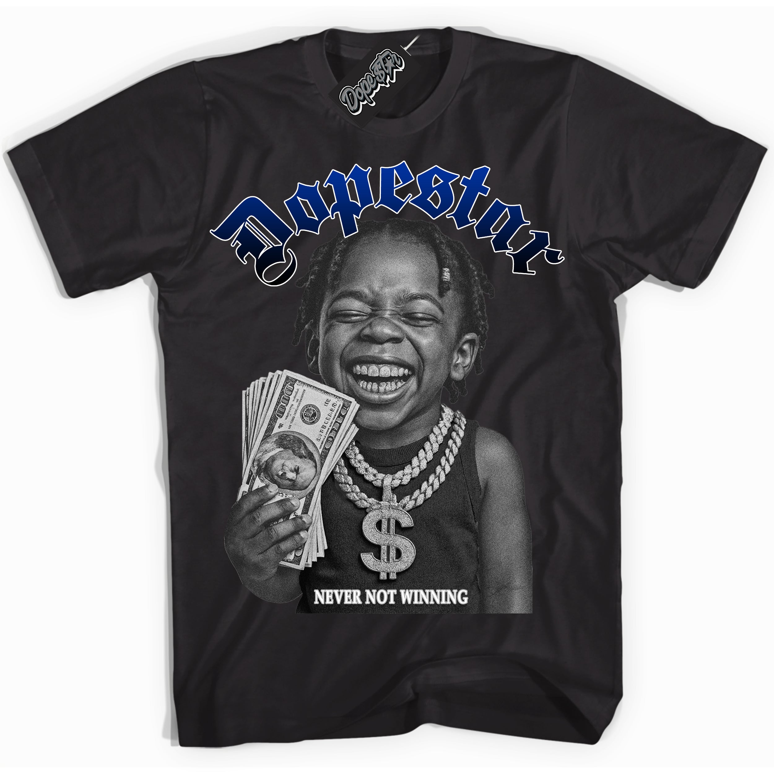Black “Never Not Winning” T-shirt by Dope Star Brand®, styled to match Deep Royal Blue 1s sneakers