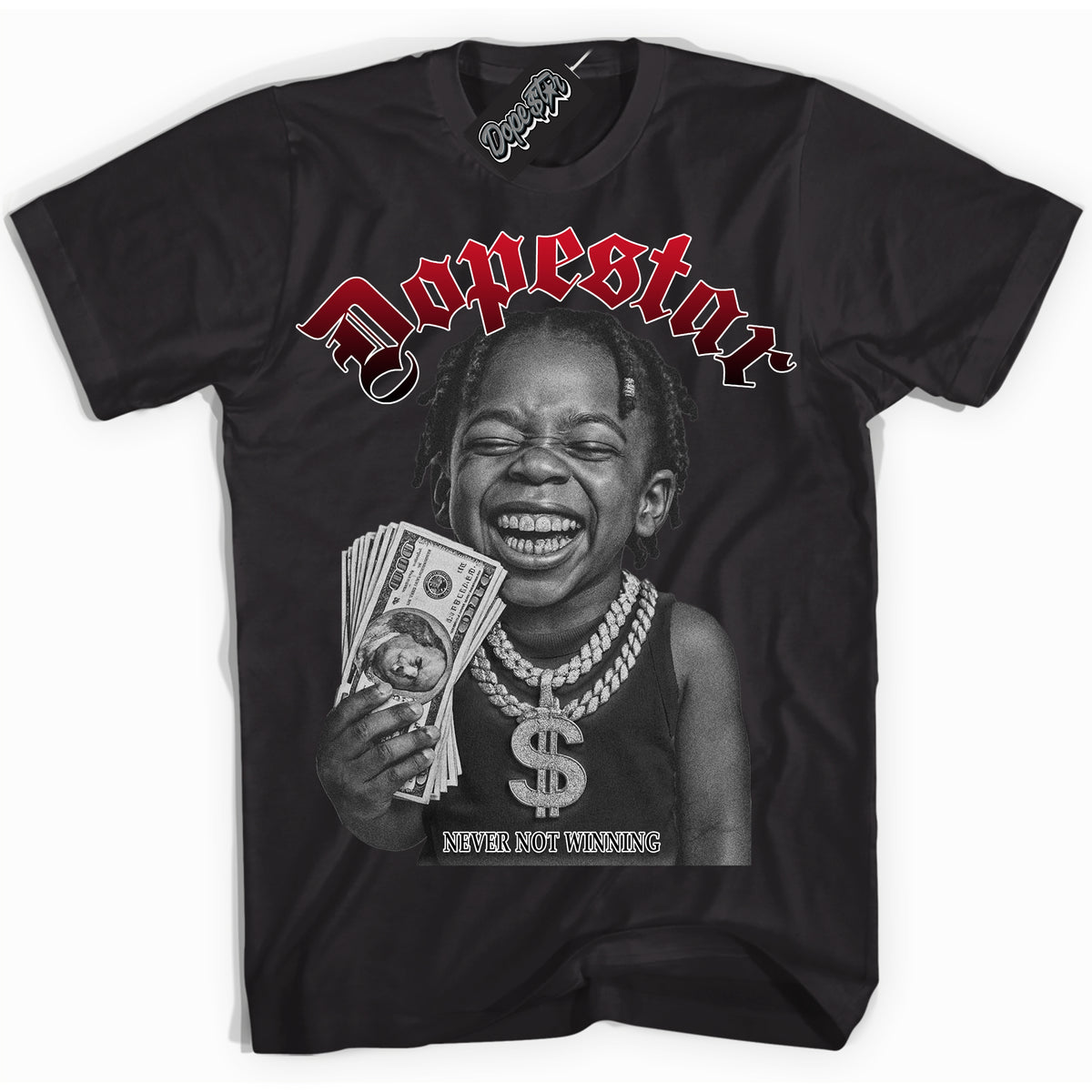 Black “Never Not Winning” T-shirt by Dope Star Brand®, styled to match Black Toe 1s sneakers