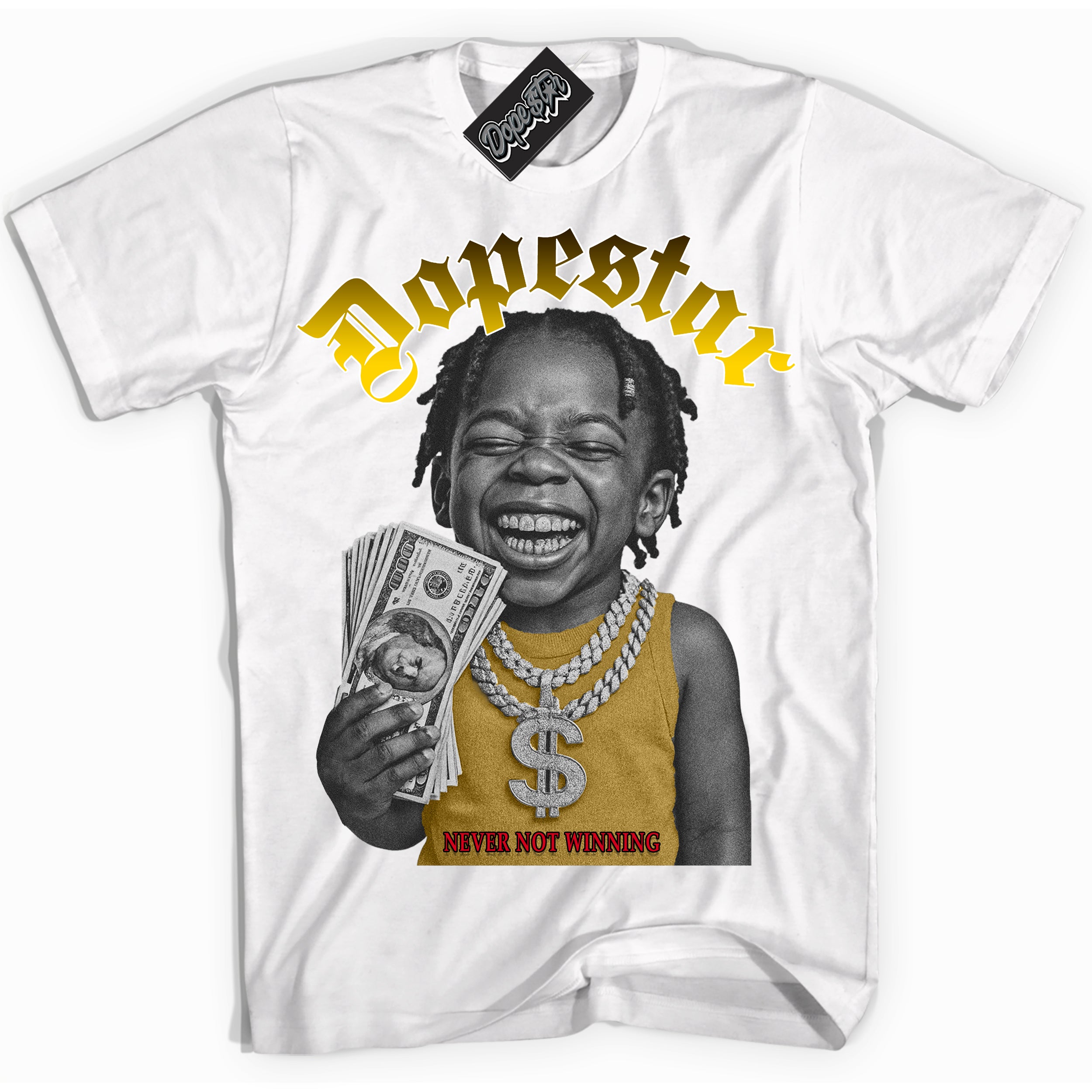 White “Never Not Winning” T-shirt by Dope Star Brand®, styled to match Quai 54 1s sneakers
