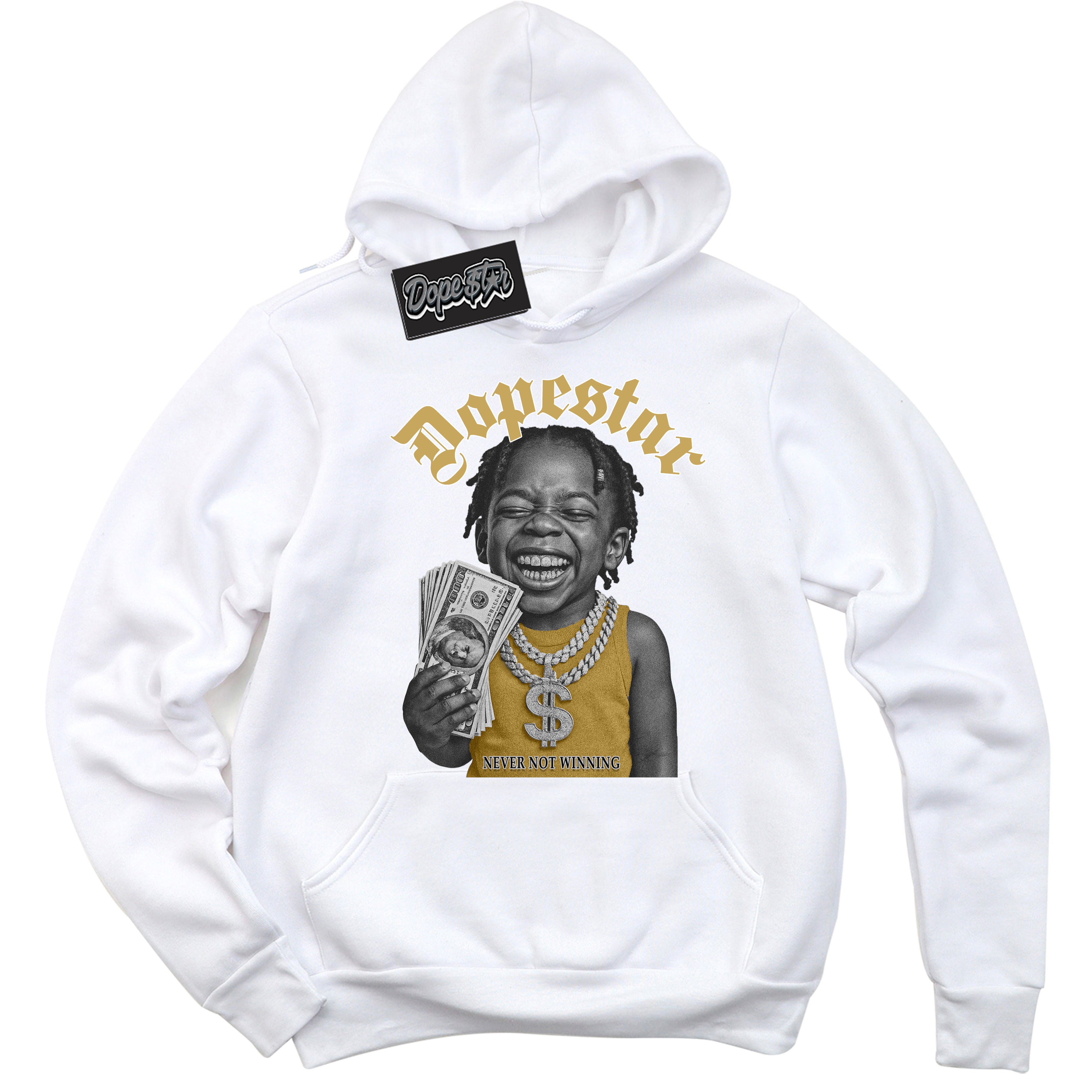 White “Never Not Winning” Hoodie by Dope Star Brand®, styled to match Rookie of The Year 1s sneakers