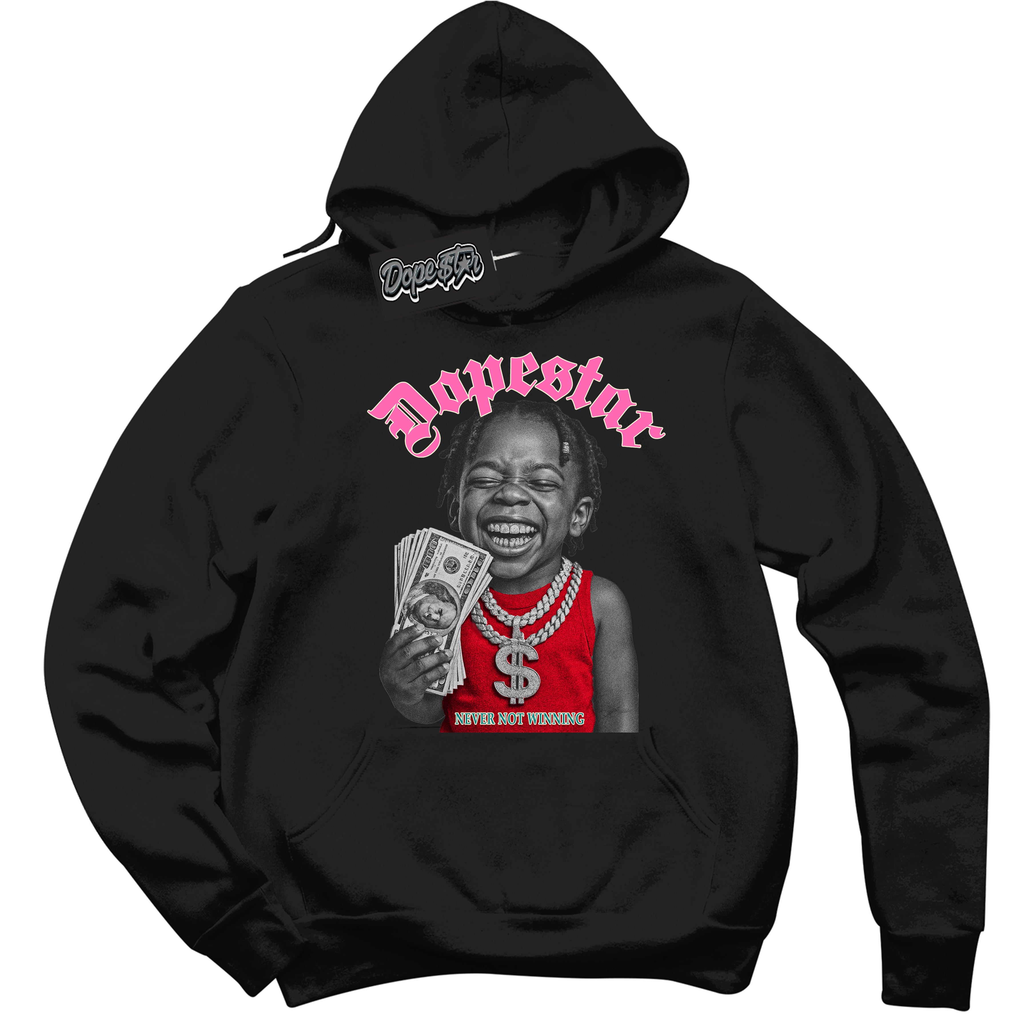 Black “Never Not Winning” Hoodie by Dope Star Brand®, styled to match Pink Satin 1s sneakers