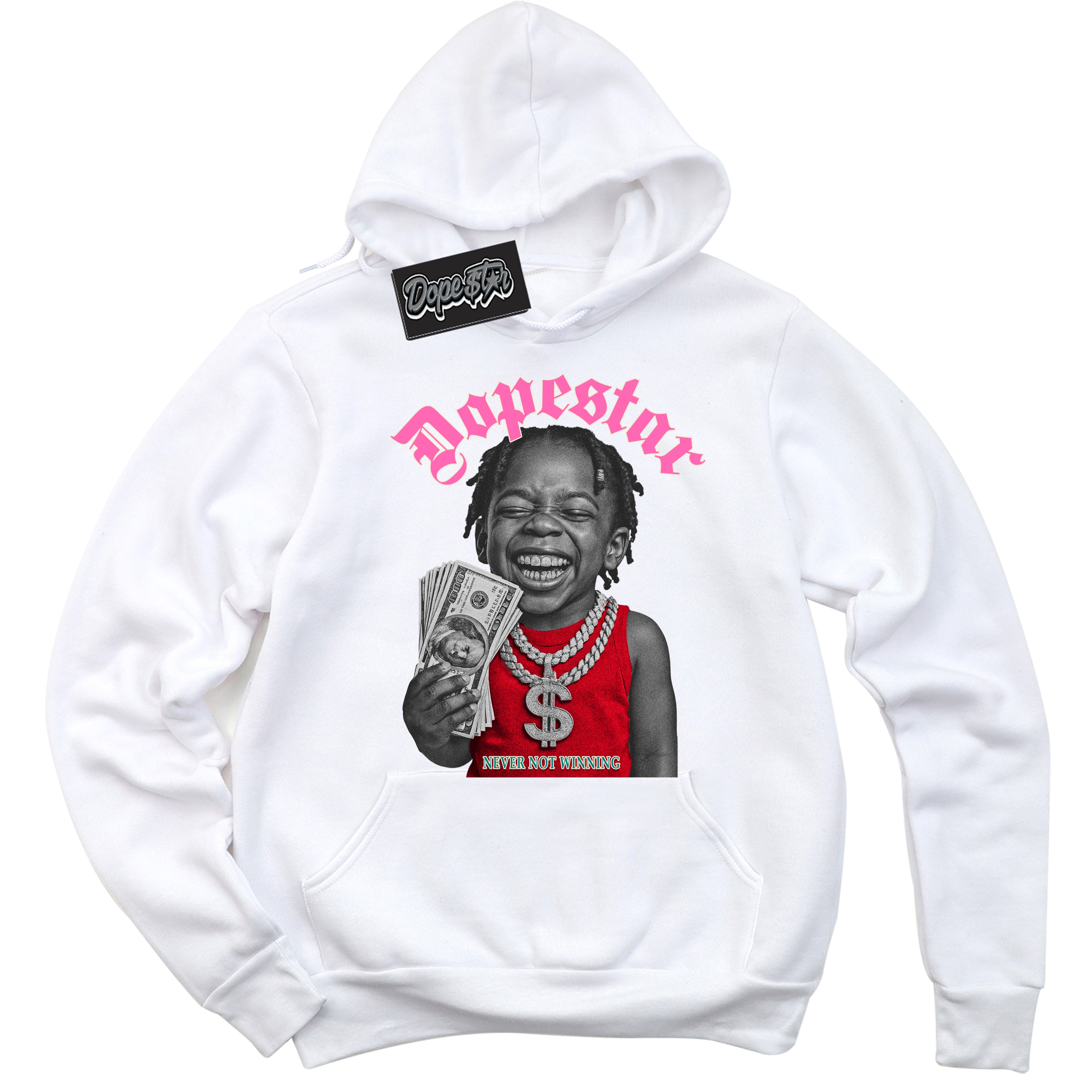White “Never Not Winning” Hoodie by Dope Star Brand®, styled to match Pink Satin 1s sneakers