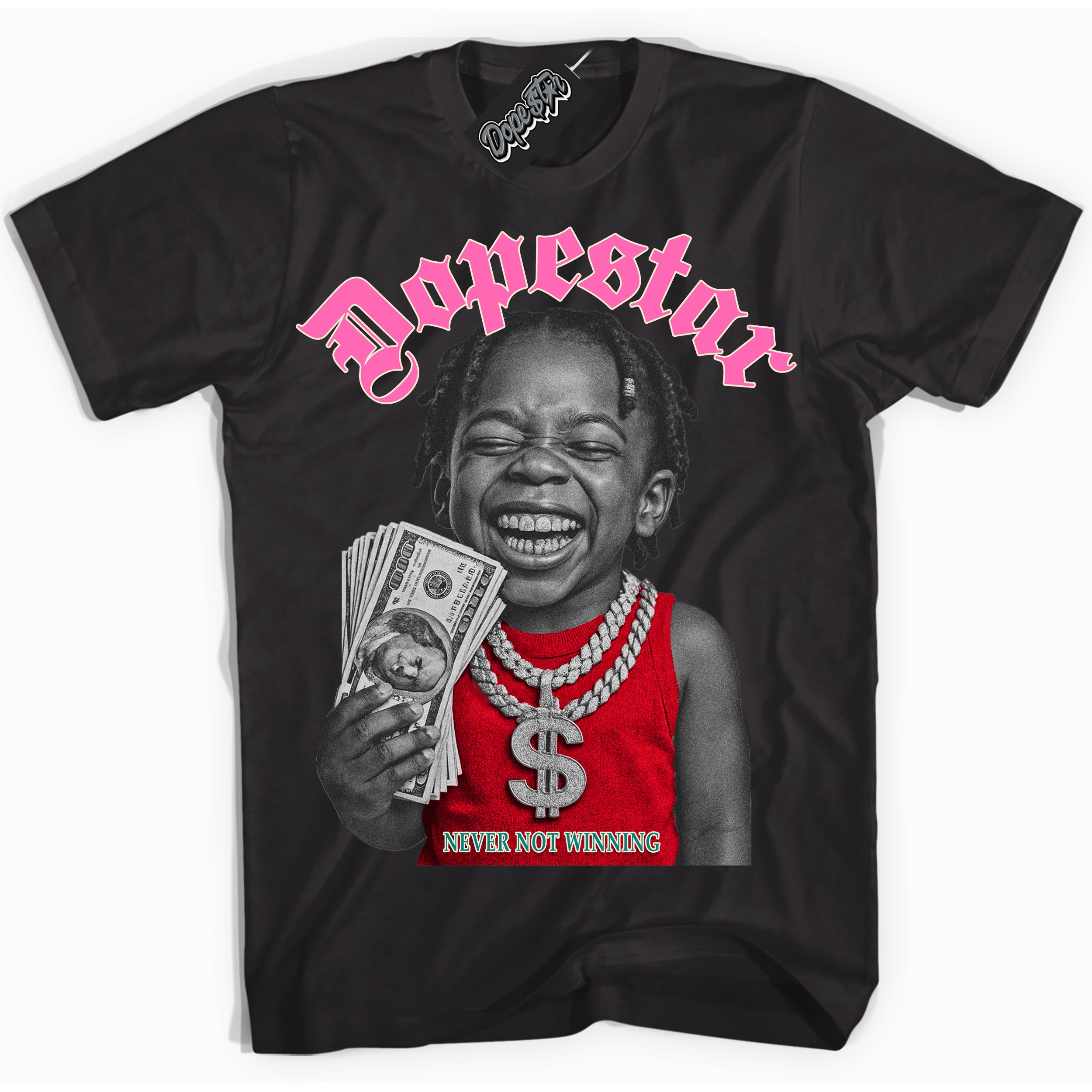 Black “Never Not Winning” T-shirt by Dope Star Brand®, styled to match Pink Satin 1s sneakers