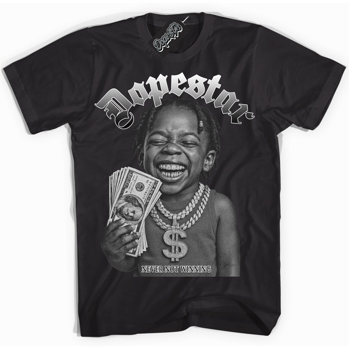 Black “Never Not Winning” T-shirt by Dope Star Brand®, styled to match Shadow 1s sneakers