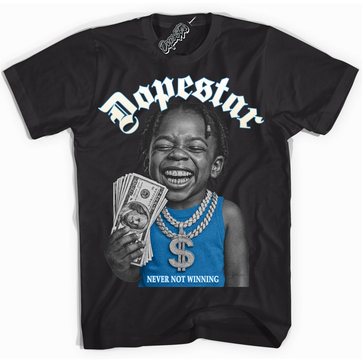 Black “Never Not Winning” T-shirt by Dope Star Brand®, styled to match UNC Reimagined 1s sneakers
