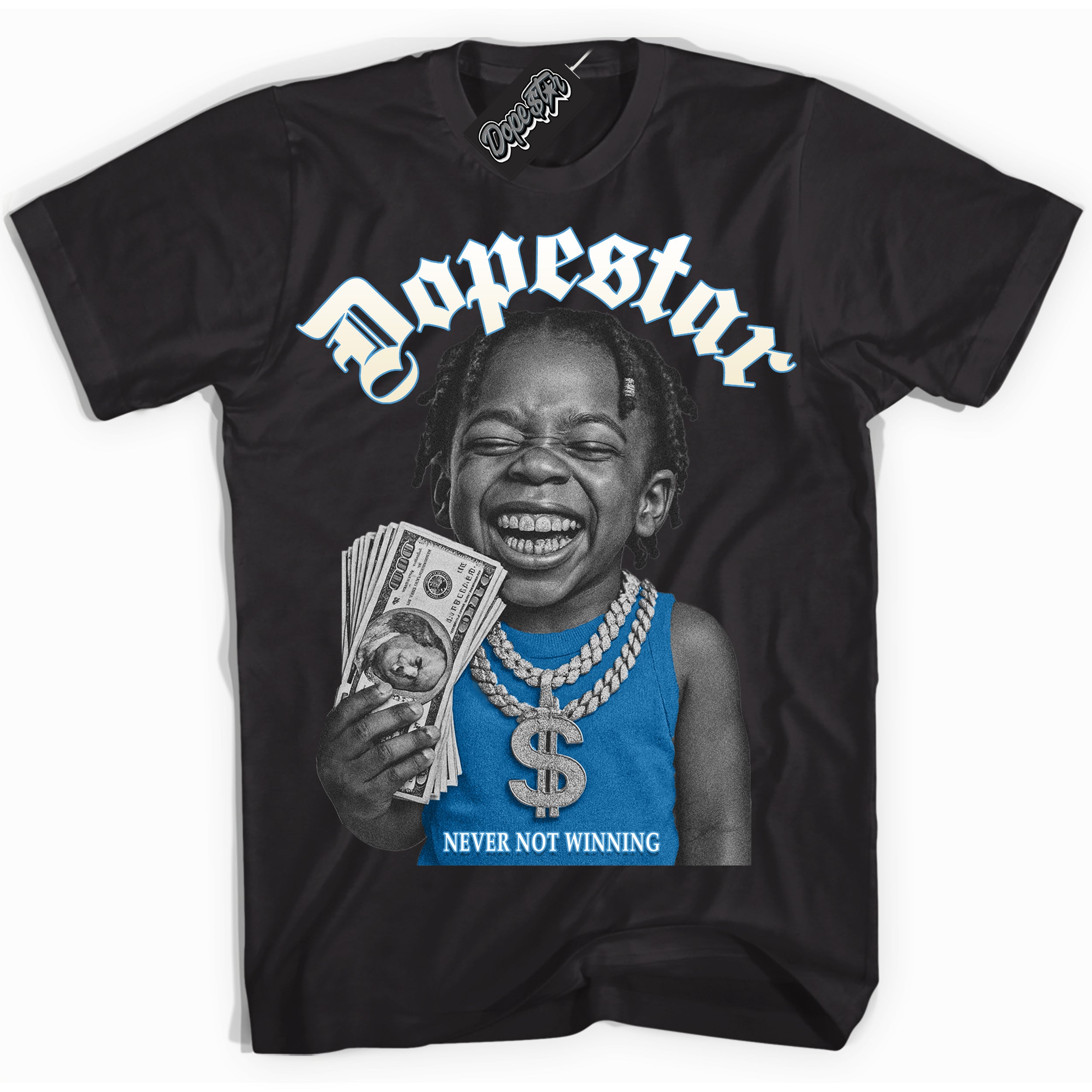 Black “Never Not Winning” T-shirt by Dope Star Brand®, styled to match UNC Reimagined 1s sneakers
