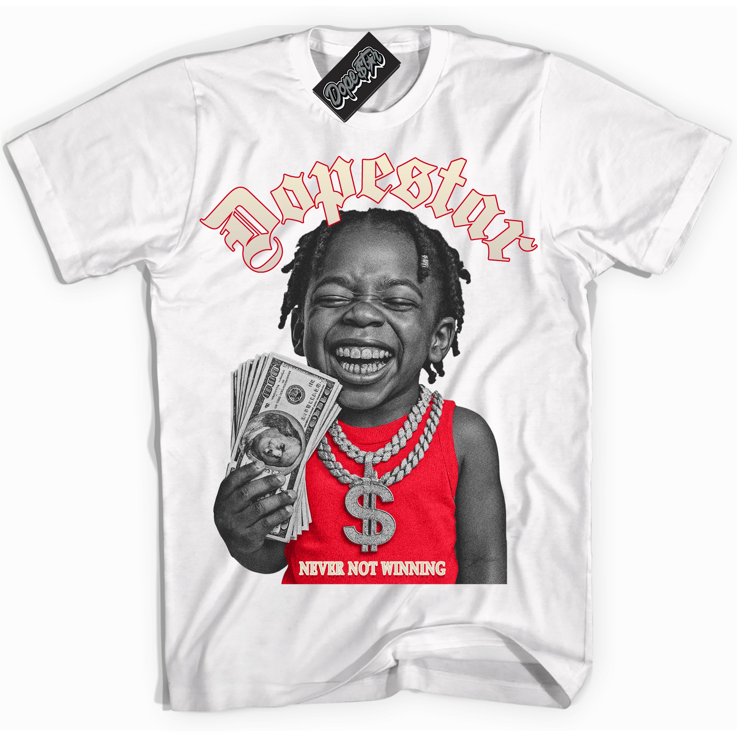 White “Never Not Winning” T-shirt by Dope Star Brand®, styled to match Phantom 1s sneakers