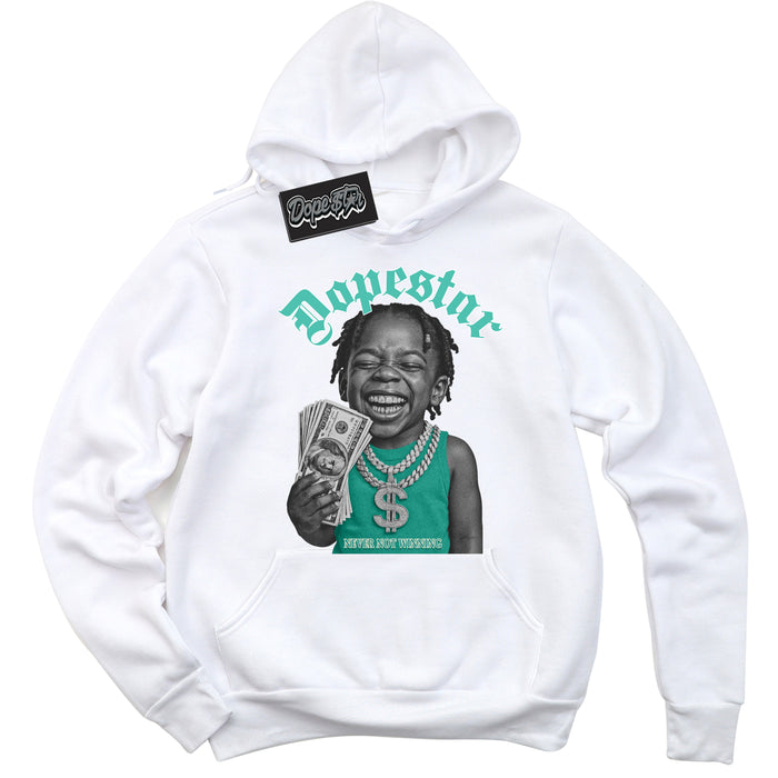 White “Never Not Winning” Hoodie by Dope Star Brand®, styled to match Washed Teal 1s sneakers
