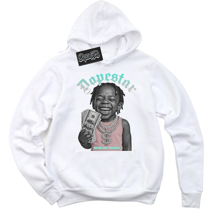 White “Never Not Winning” Hoodie by Dope Star Brand®, styled to match Soft Pearl 1s sneakers