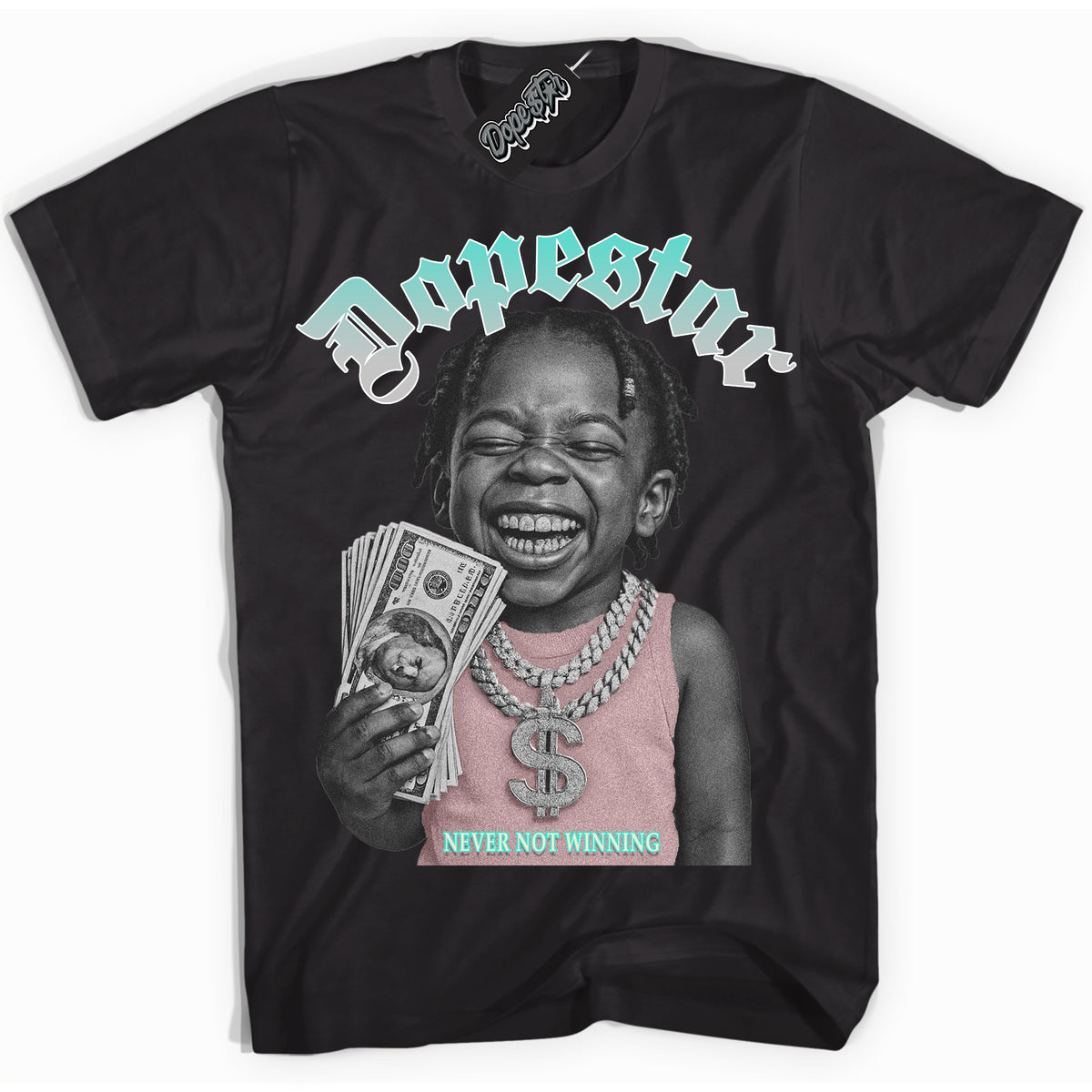 Black “Never Not Winning” T-shirt by Dope Star Brand®, styled to match Soft Pearl 1s sneakers
