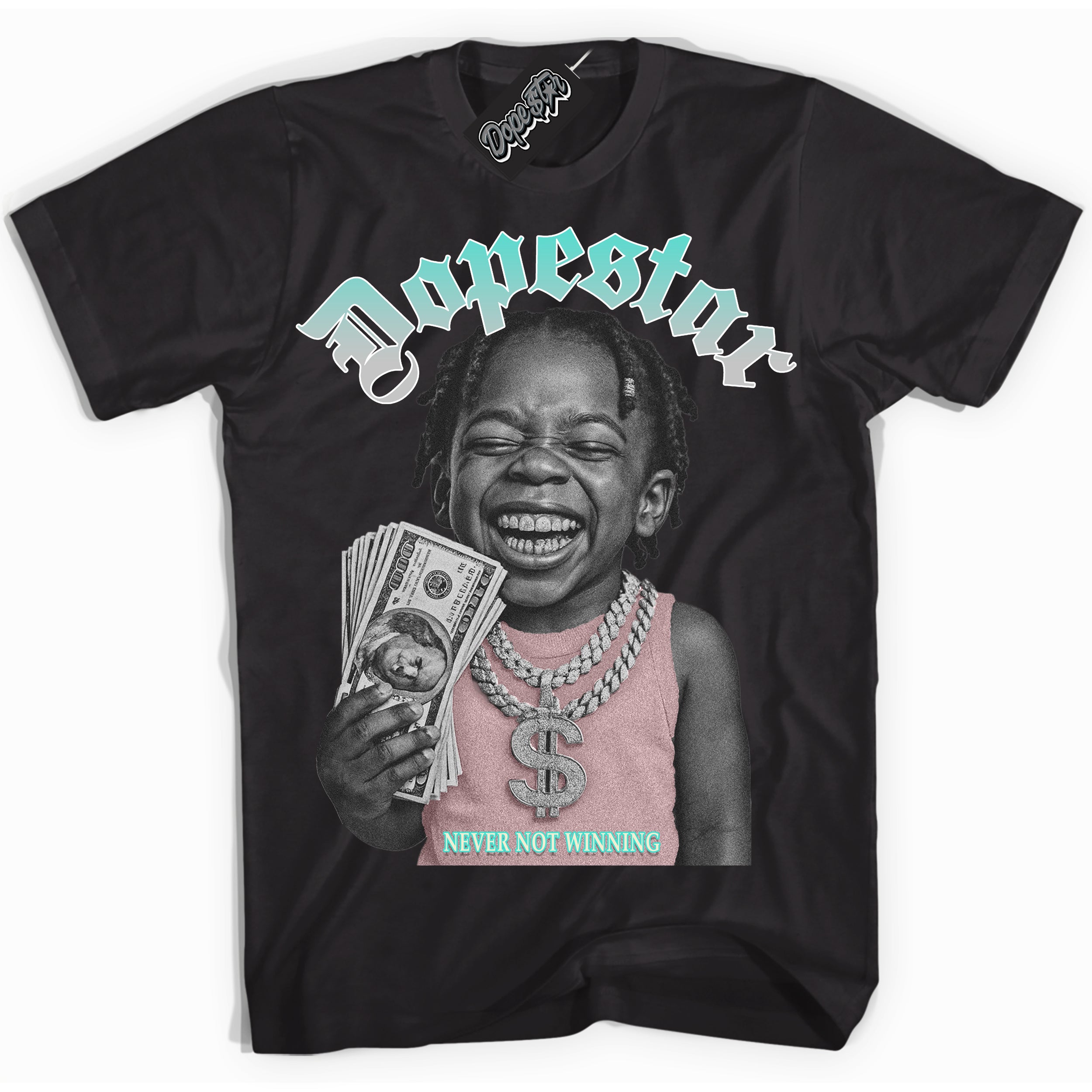 Black “Never Not Winning” T-shirt by Dope Star Brand®, styled to match Soft Pearl 1s sneakers
