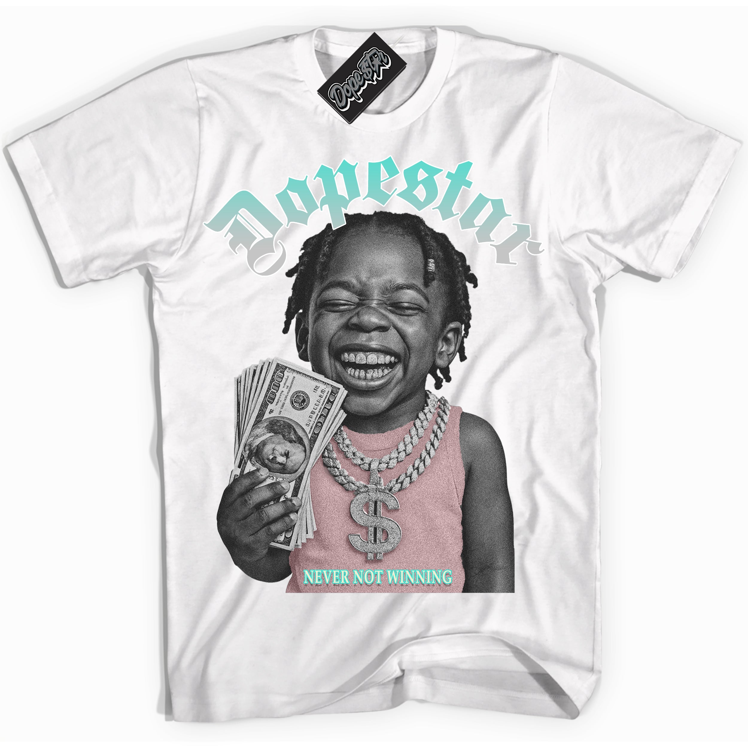 White “Never Not Winning” T-shirt by Dope Star Brand®, styled to match Soft Pearl 1s sneakers
