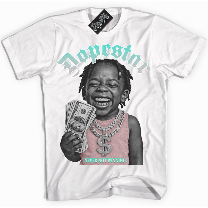 White “Never Not Winning” T-shirt by Dope Star Brand®, styled to match Soft Pearl 1s sneakers
